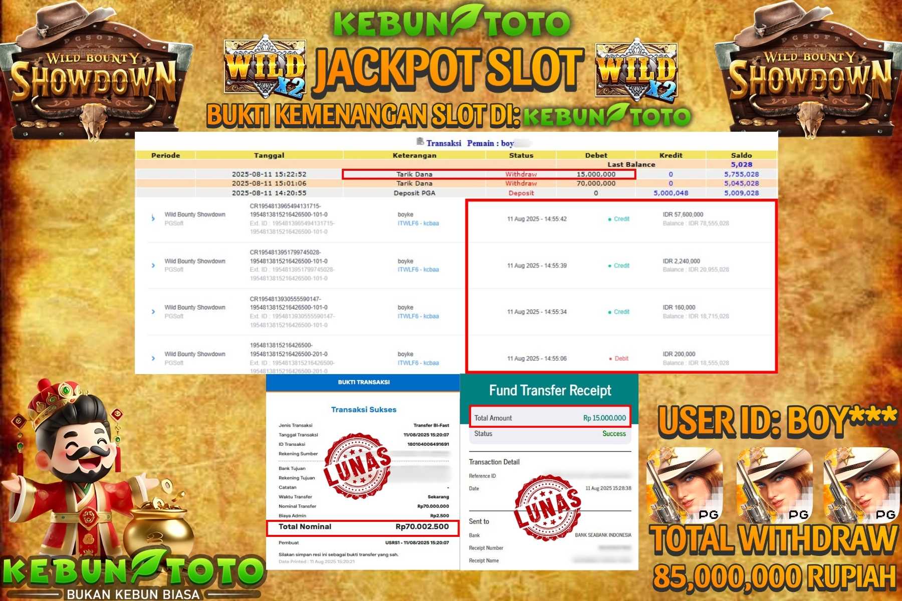 Bukti Kemenangan Rp 85.000.000 SLOT WILD BOUNTY SHOWDOWN di KEBUNTOTO!