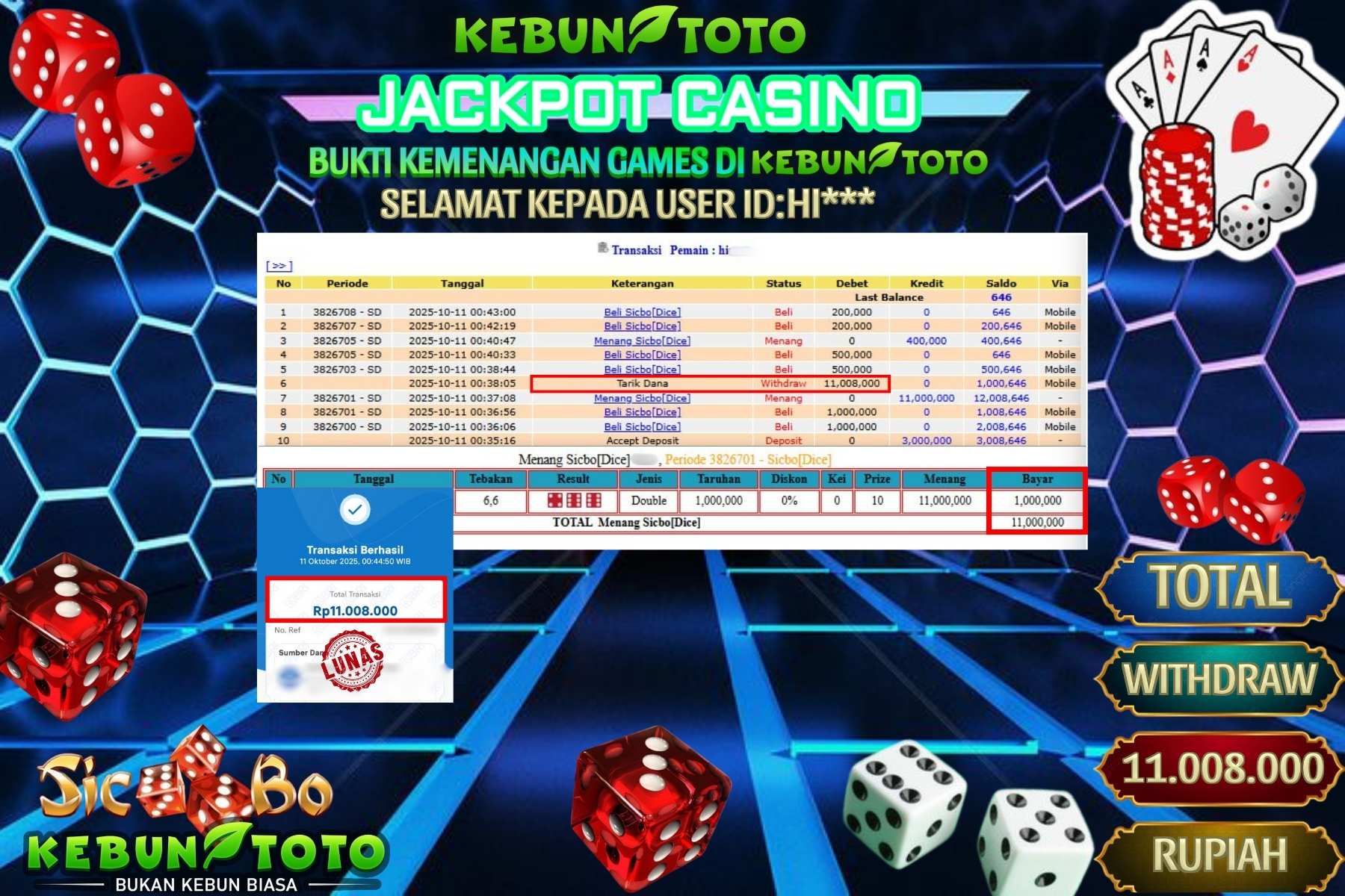Bukti Kemenangan Rp 11.008.000 CASINO SICBO di KEBUNTOTO!