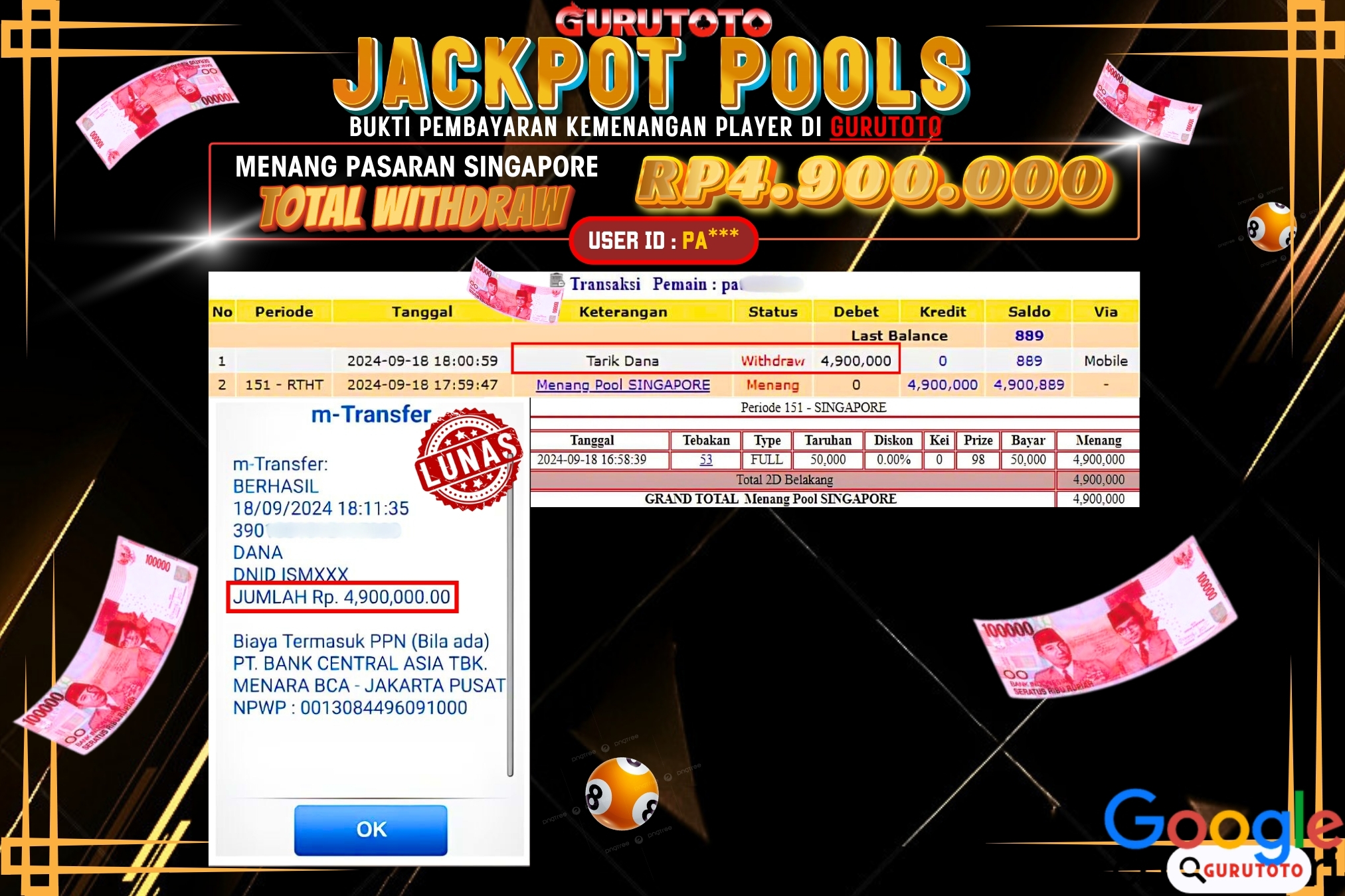 Jackpot Pools Singapore di Gurutoto sebesar Rp.4.900.000 dibayar lunas.