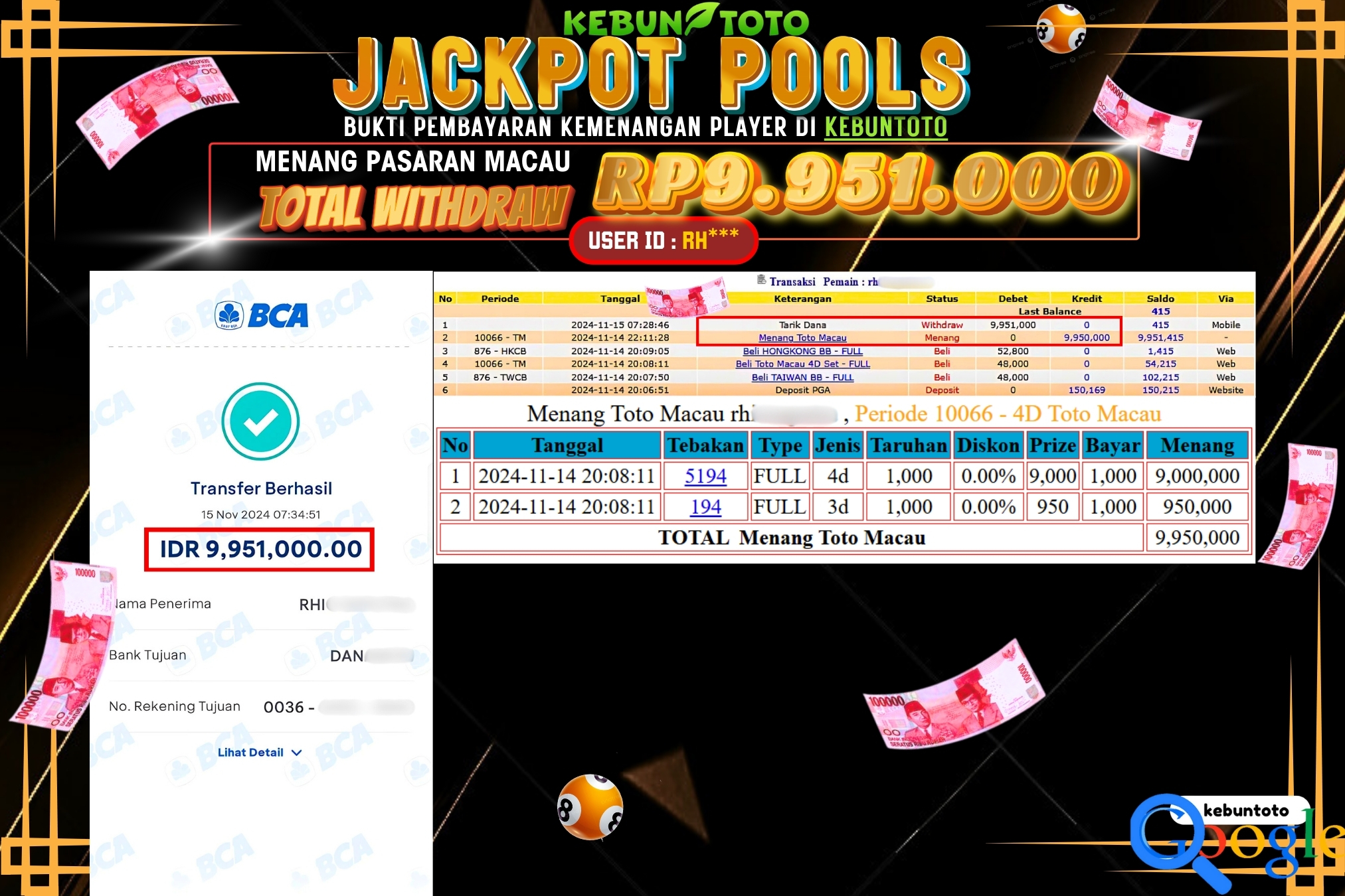 KEBUNTOTO JACKPOT TOGEL PASARAN MACAU Rp.9.951.000,- LUNAS