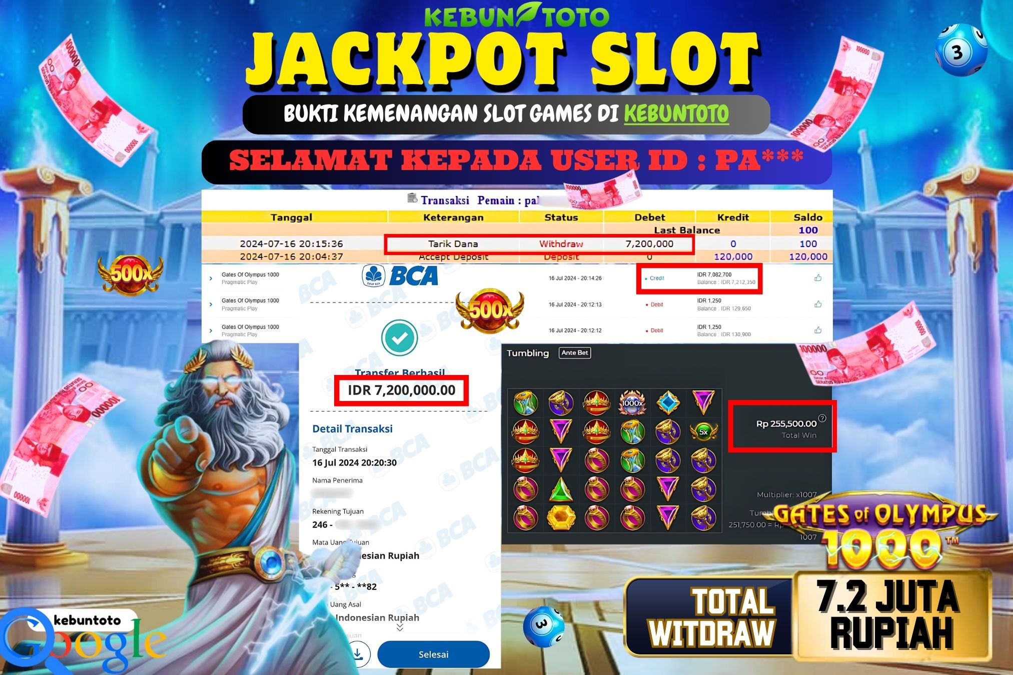 KEBUNTOTO JACKPOT SLOT GATES OF OLYMPUS 1000 Rp.7.200.000,- LUNAS
