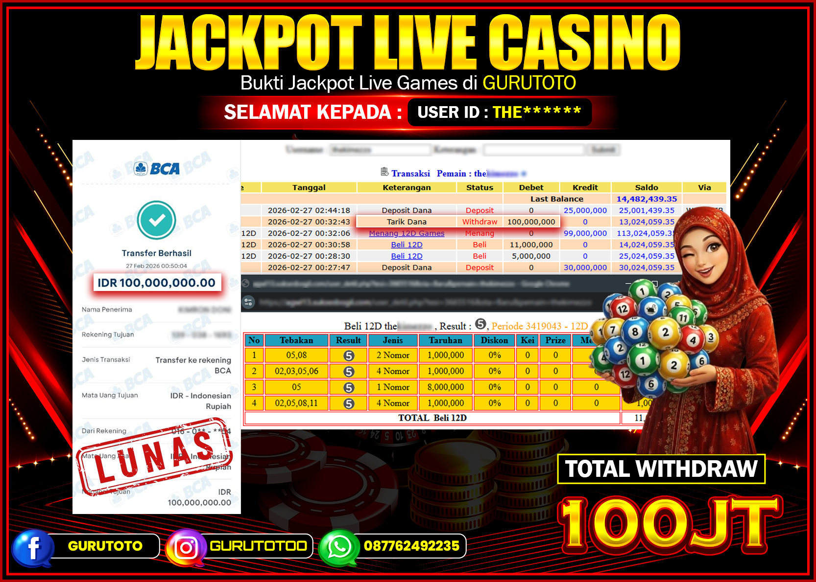 Bukti Kemenangan Rp 100.000.000 12D GAMES di GURUTOTO !
