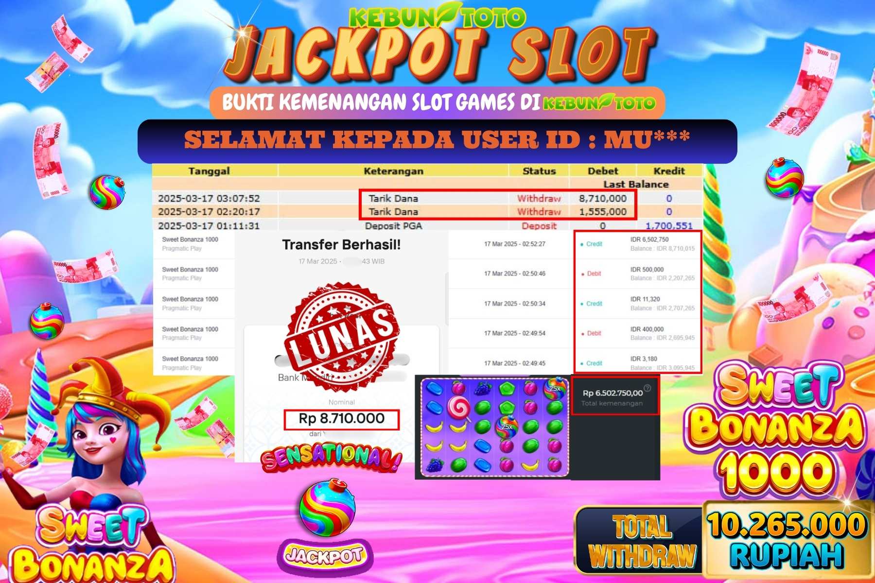 KEBUNTOTO JACKPOT, SLOT SWEET BONANZA 1000 Sebesar Rp 10.265.000,- LUNAS