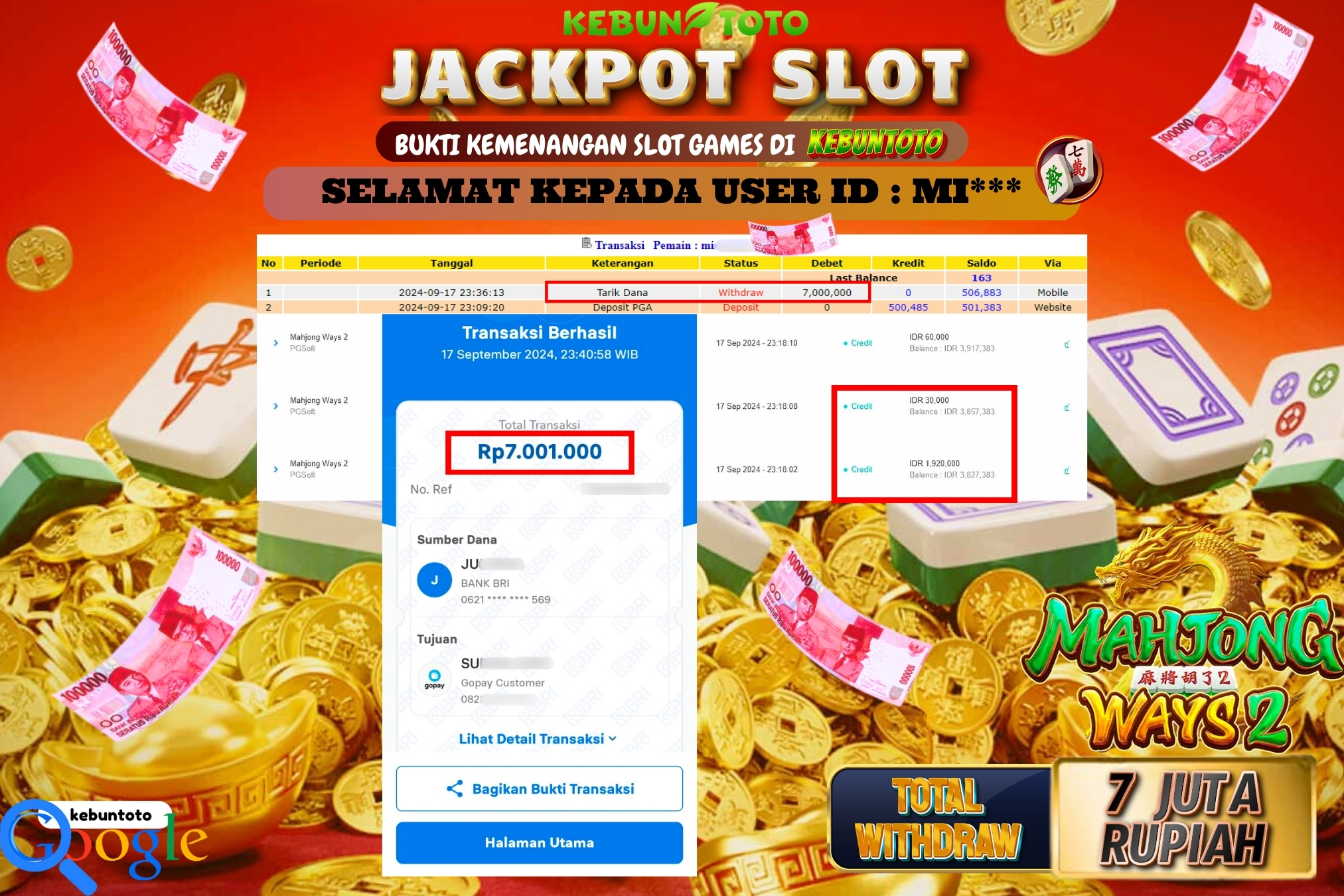 KEBUNTOTO JACKPOT SLOT MAHJONG WAYS 2 Rp.7.001.000,- LUNAS