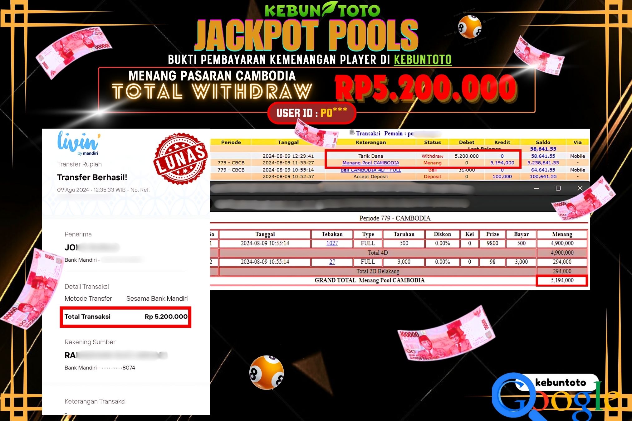 KEBUNTOTO JACKPOT TOGEL PASARAN CAMBODIA Rp.5.200.000,- LUNAS