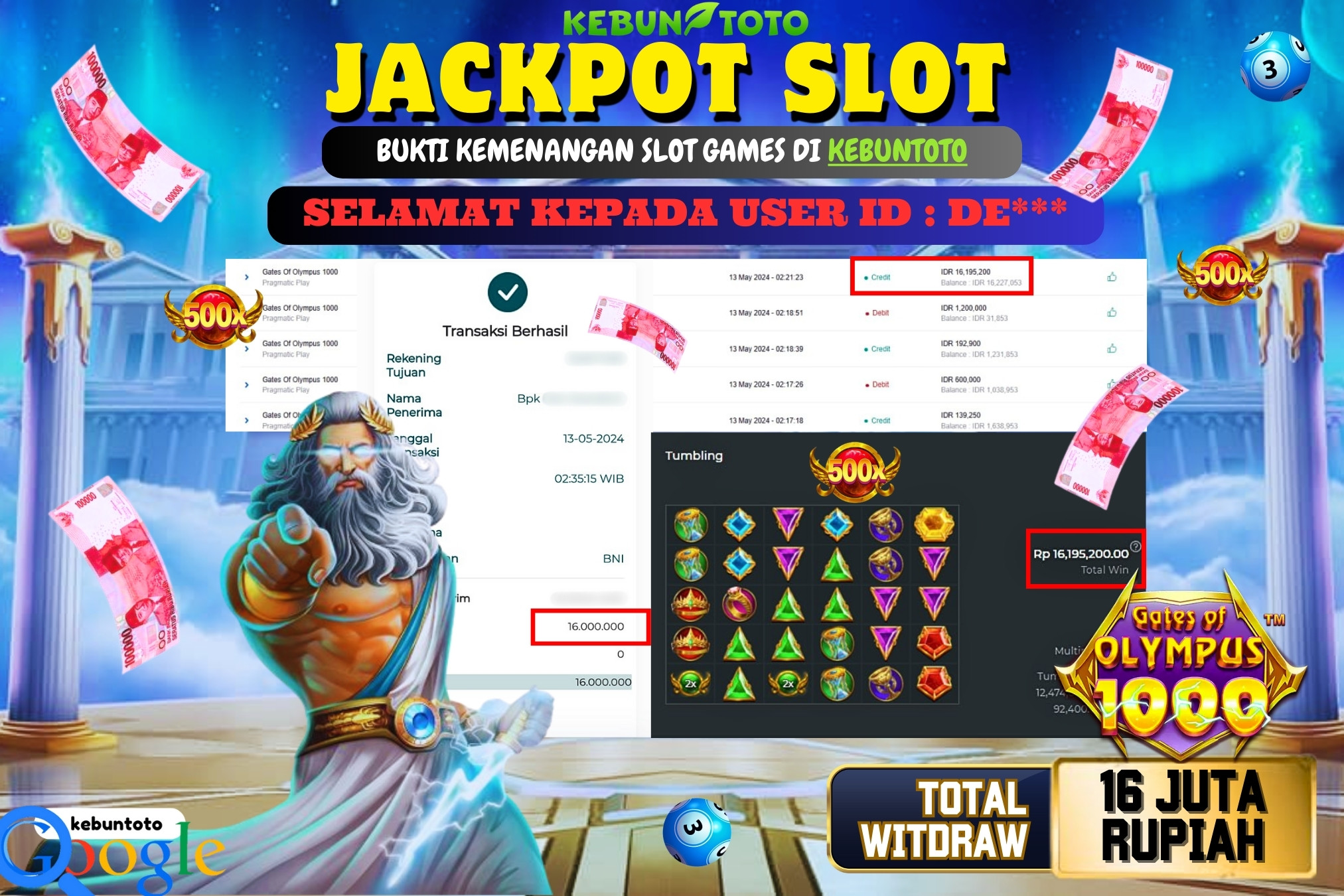 KEBUNTOTO JACKPOT SLOT GATES OF OLYMPUS 1000 Rp.16.000.000,- LUNAS