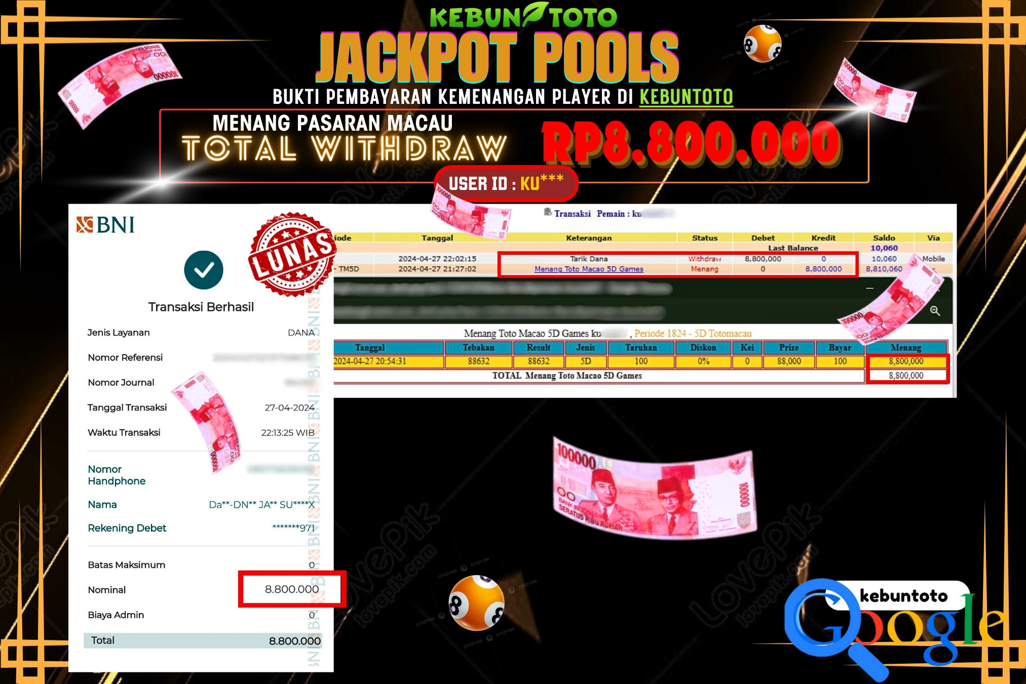 KEBUNTOTO JACKPOT TOGEL PASARAN MACAU Rp.8.800.000,- LUNAS