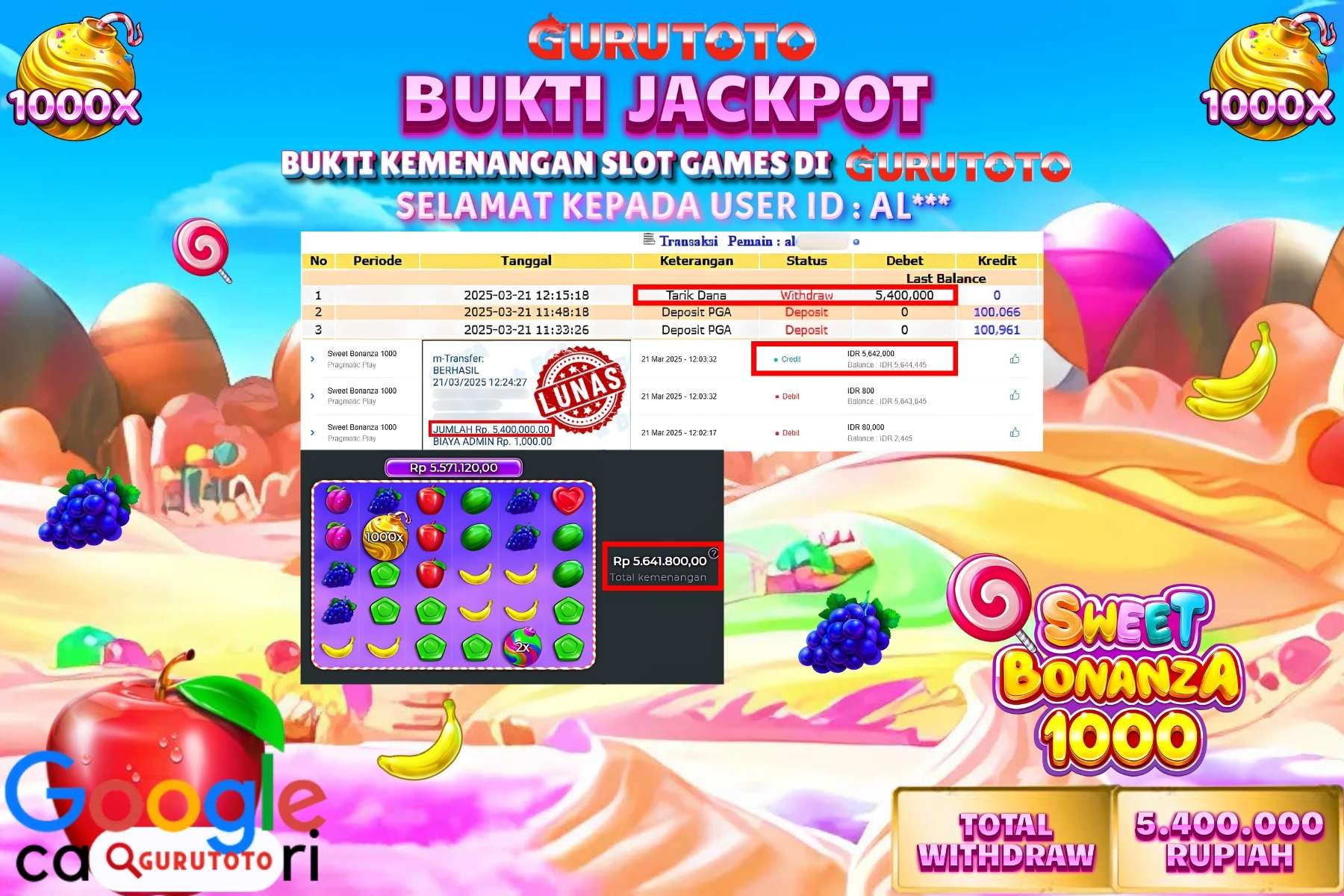 GURUTOTO JACKPOT, SWEET BONANZA 1000, Sebesar Rp 5.400.000,- LUNAS
