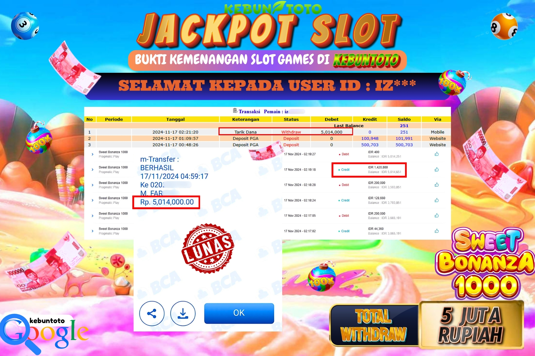 KEBUNTOTO JACKPOT SLOT SWEET BONANZA 1000 Rp.5.014.000,- LUNAS
