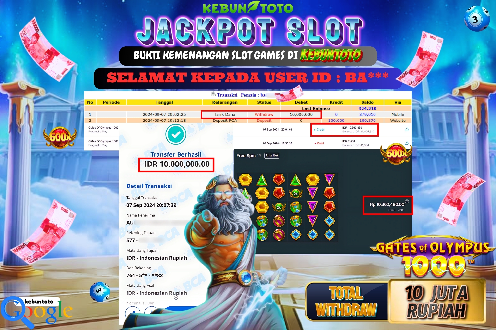 KEBUNTOTO JACKPOT SLOT GATES OF OLYMPUS 1000 Rp.10.000.000,- LUNAS