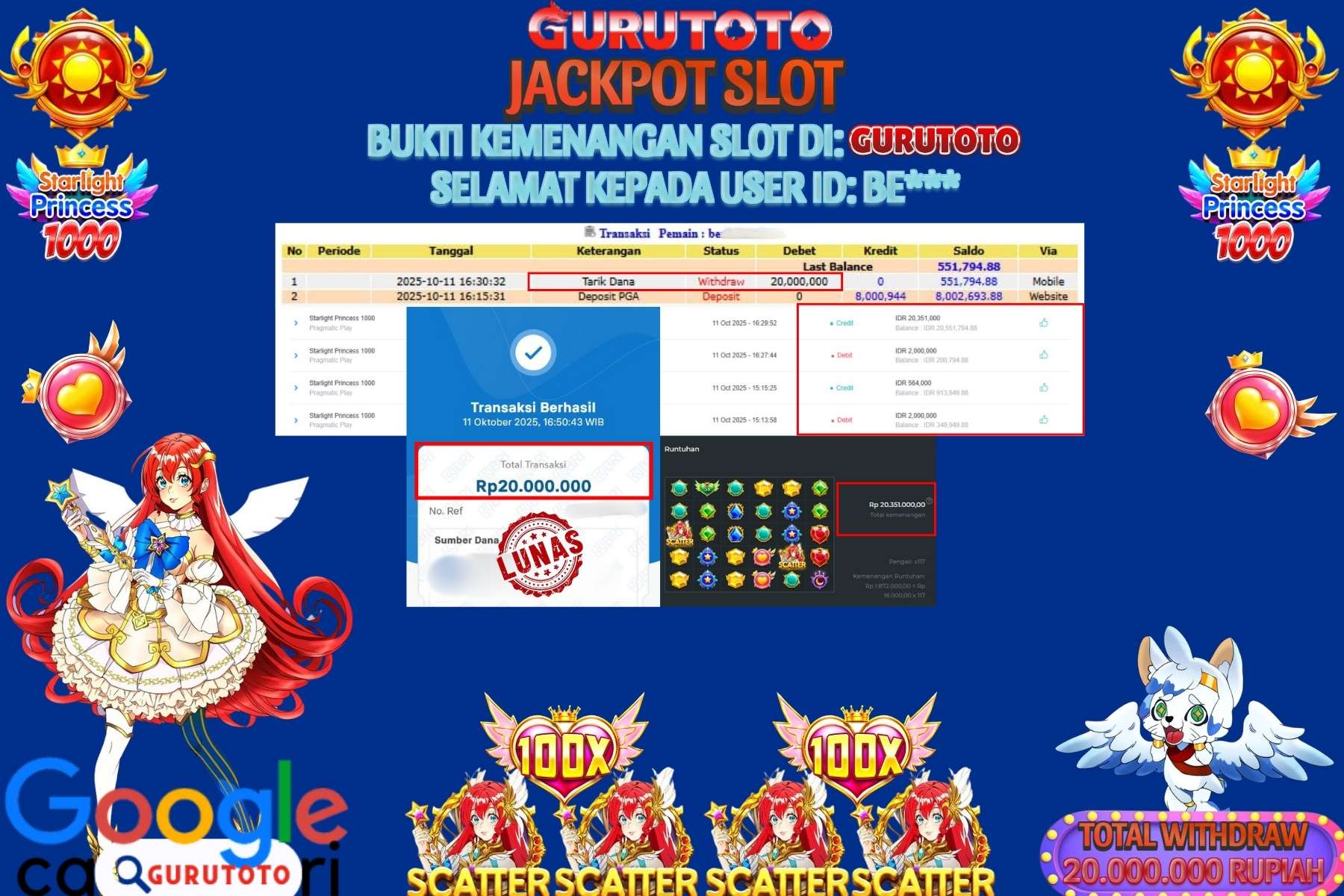Bukti Kemenangan Rp 20.000.000 SLOT STARLIGHT PRINCESS 1000 di GURUTOTO!