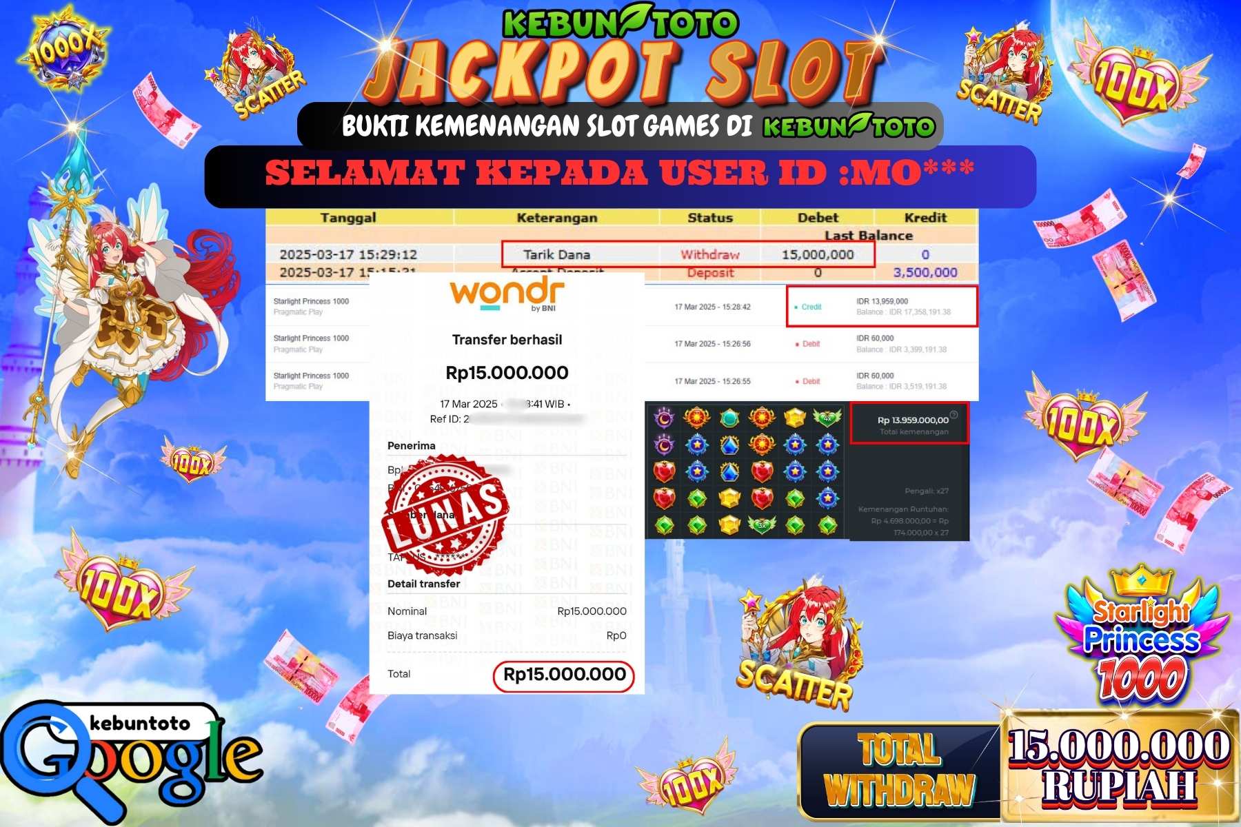 KEBUNTOTO JACKPOT, SLOT STARLIGHT PRINCESS 1000 Sebesar Rp 15.000.000,- LUNAS