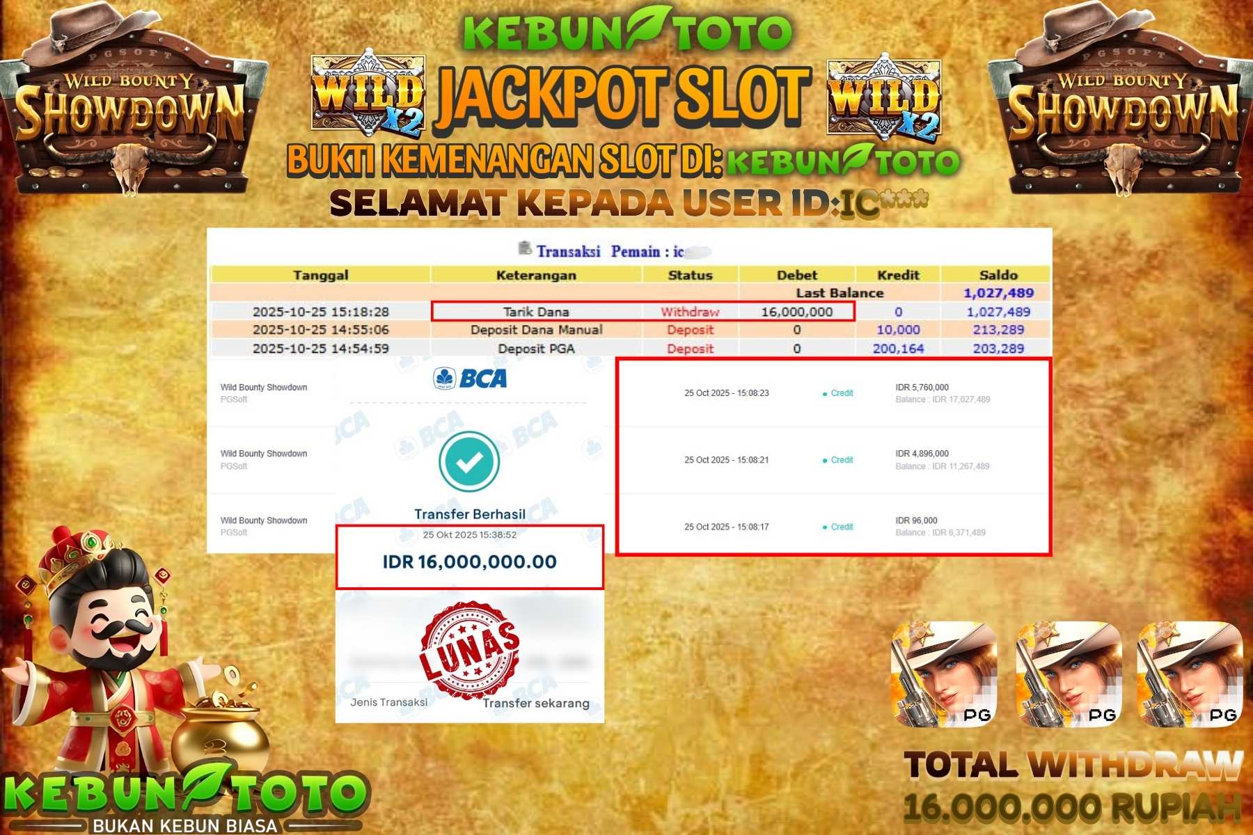 Bukti Kemenangan Rp 16.000.000 SLOT WILD BOUNTY SHOWDOWN di KEBUNTOTO!