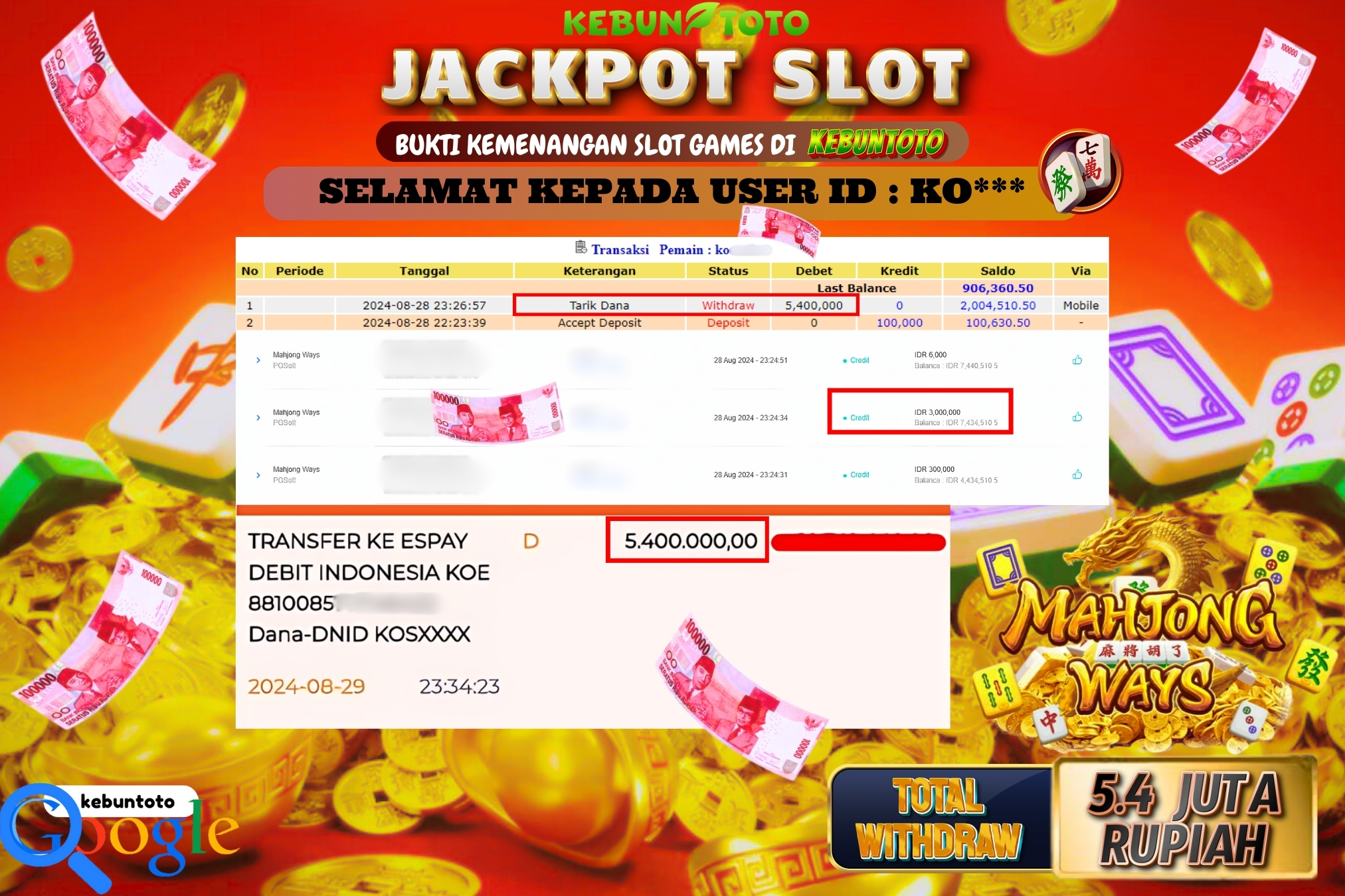 KEBUNTOTO JACKPOT SLOT MAHJONG WAYS Rp.5.400.000,- LUNAS