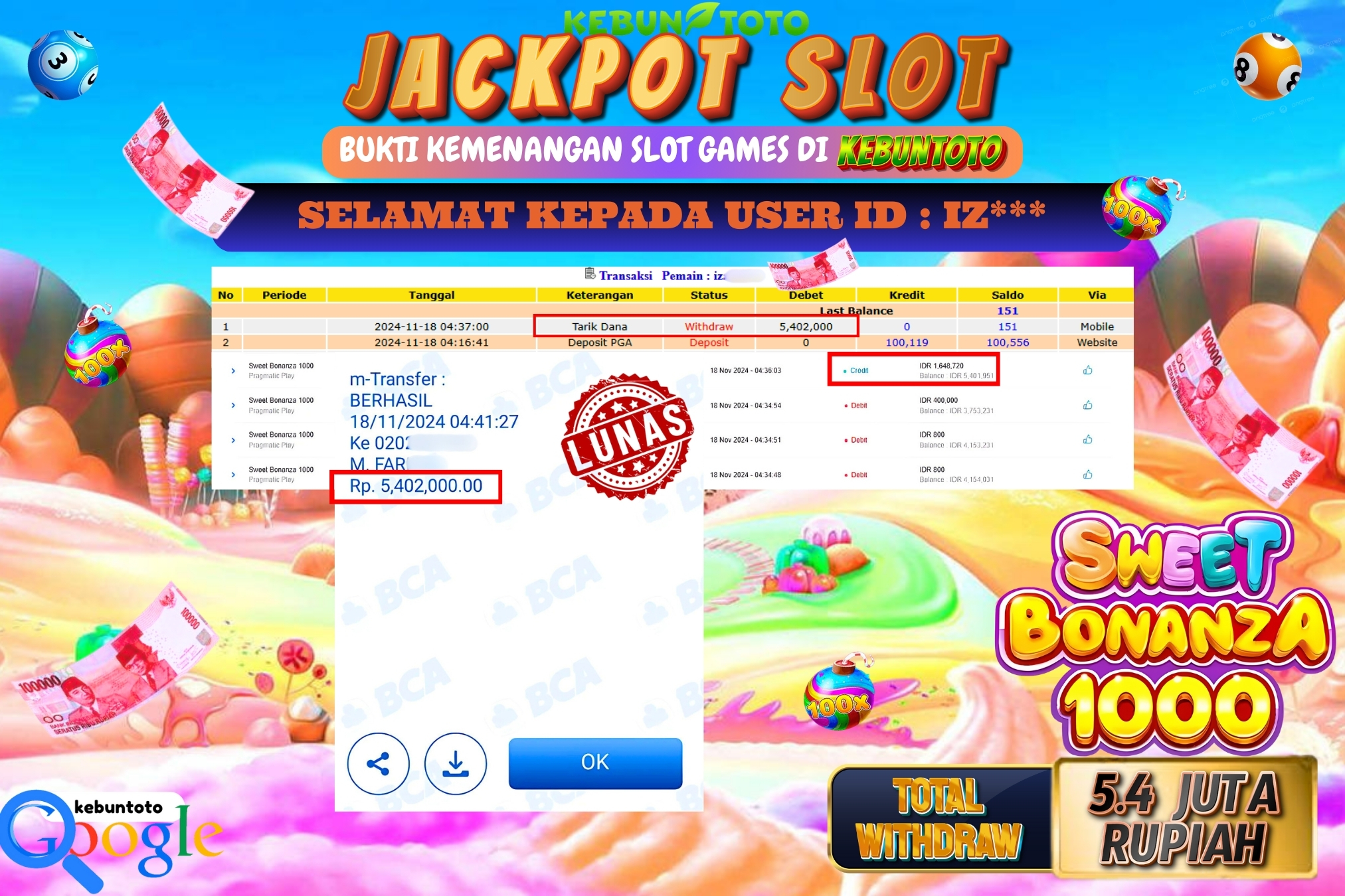 KEBUNTOTO JACKPOT SLOT SWEET BONANZA 1000 Rp.5.000.000,- LUNAS