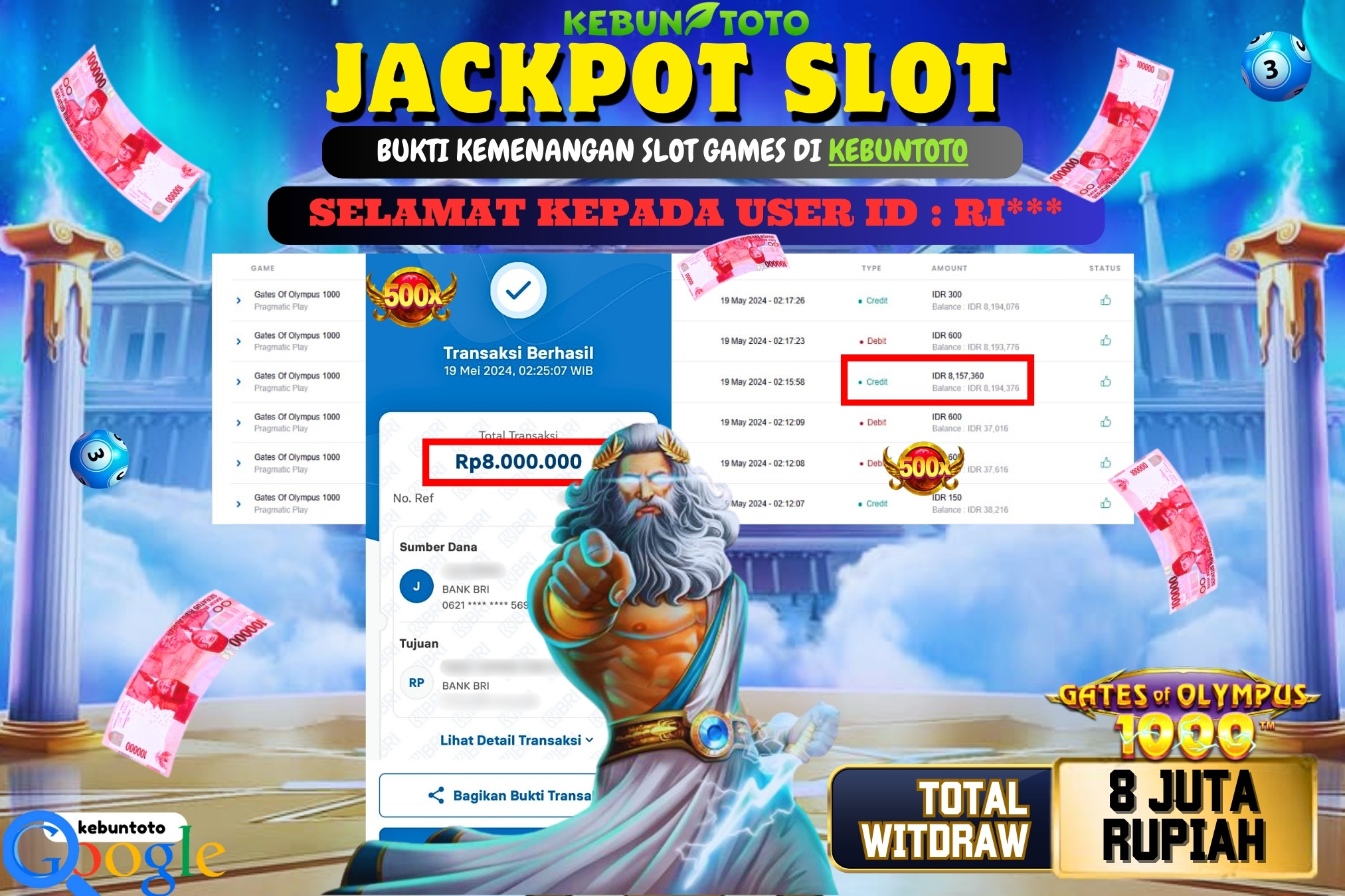KEBUNTOTO JACKPOT SLOT GATES OF OLYMPUS 1000 Rp.8.000.000,- LUNAS