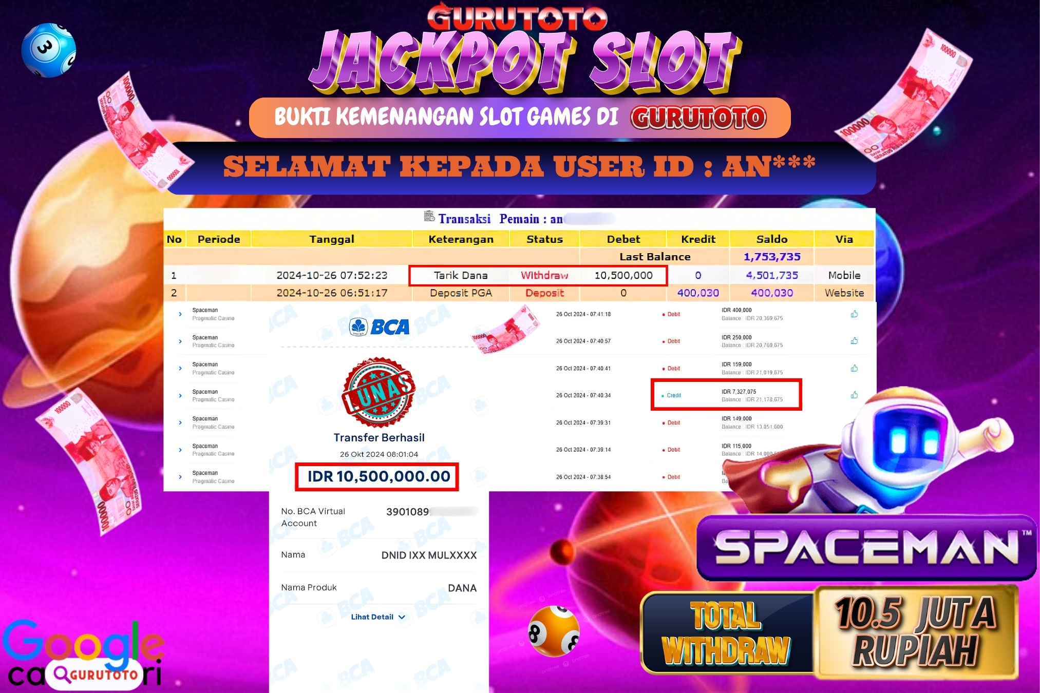 Jackpot Slot Spaceman di Gurutoto sebesar Rp.10.500.000 dibayar lunas.
