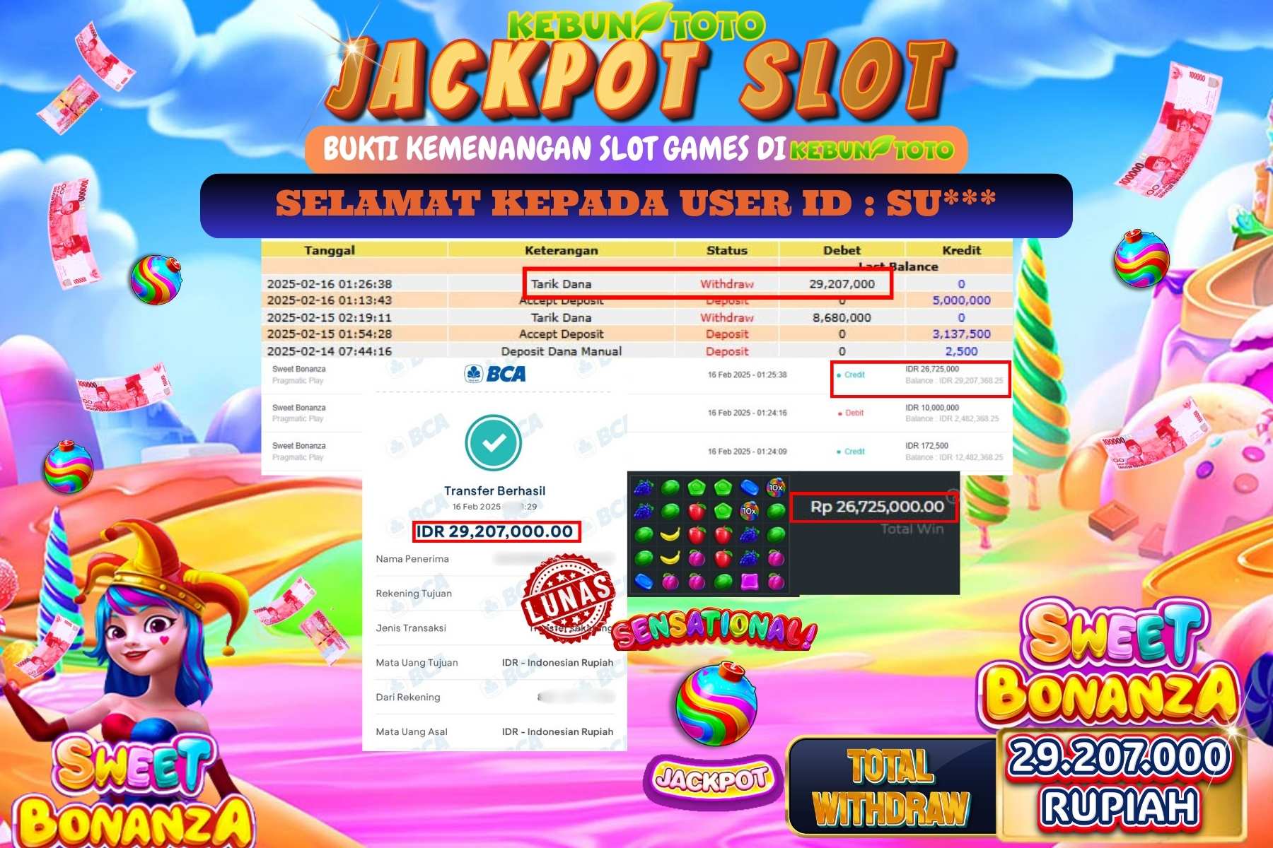 KEBUNTOTO JACKPOT,  SLOT SWEET BONANZA , Sebesar Rp 29.207.000,- LUNAS