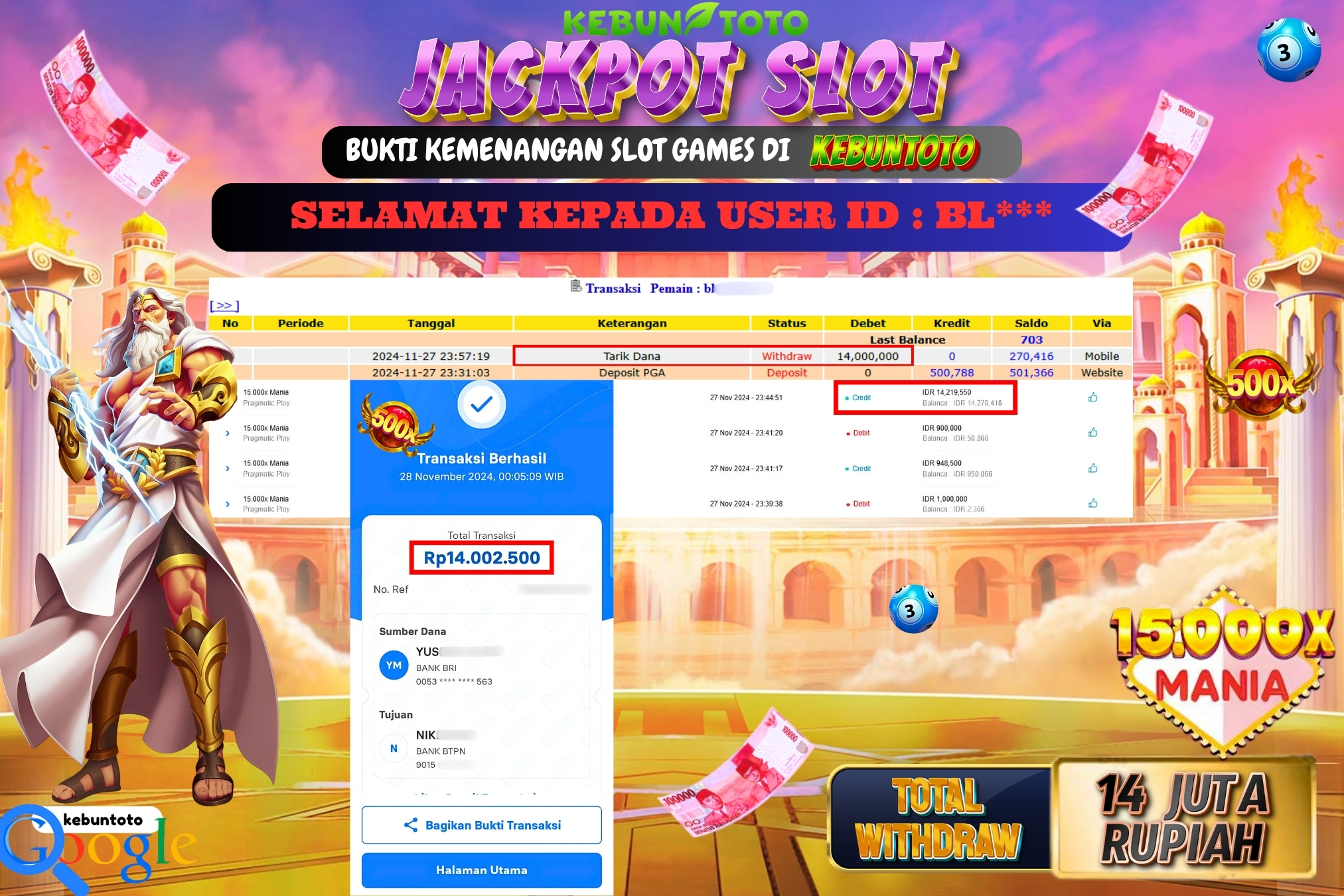 KEBUNTOTO JACKPOT SLOT 15.000X MANIA Rp.14.000.000,- LUNAS