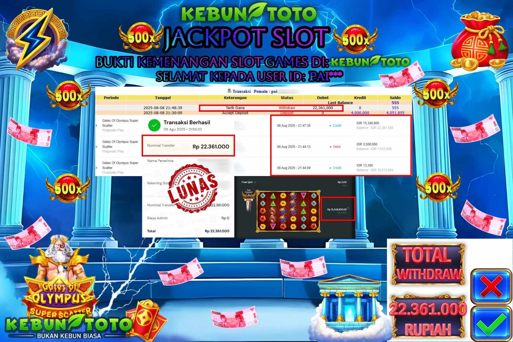 Bukti Kemenangan Rp 22.361.000 SLOT GATES OF OLYMPUS SUPER SCATER di KEBUNTOTO!