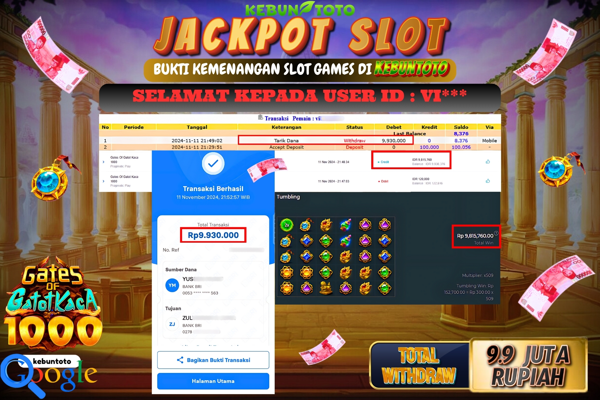 KEBUNTOTO JACKPOT SLOT GATES OF GATOTKACA 1000 Rp.9.930.000,- LUNAS