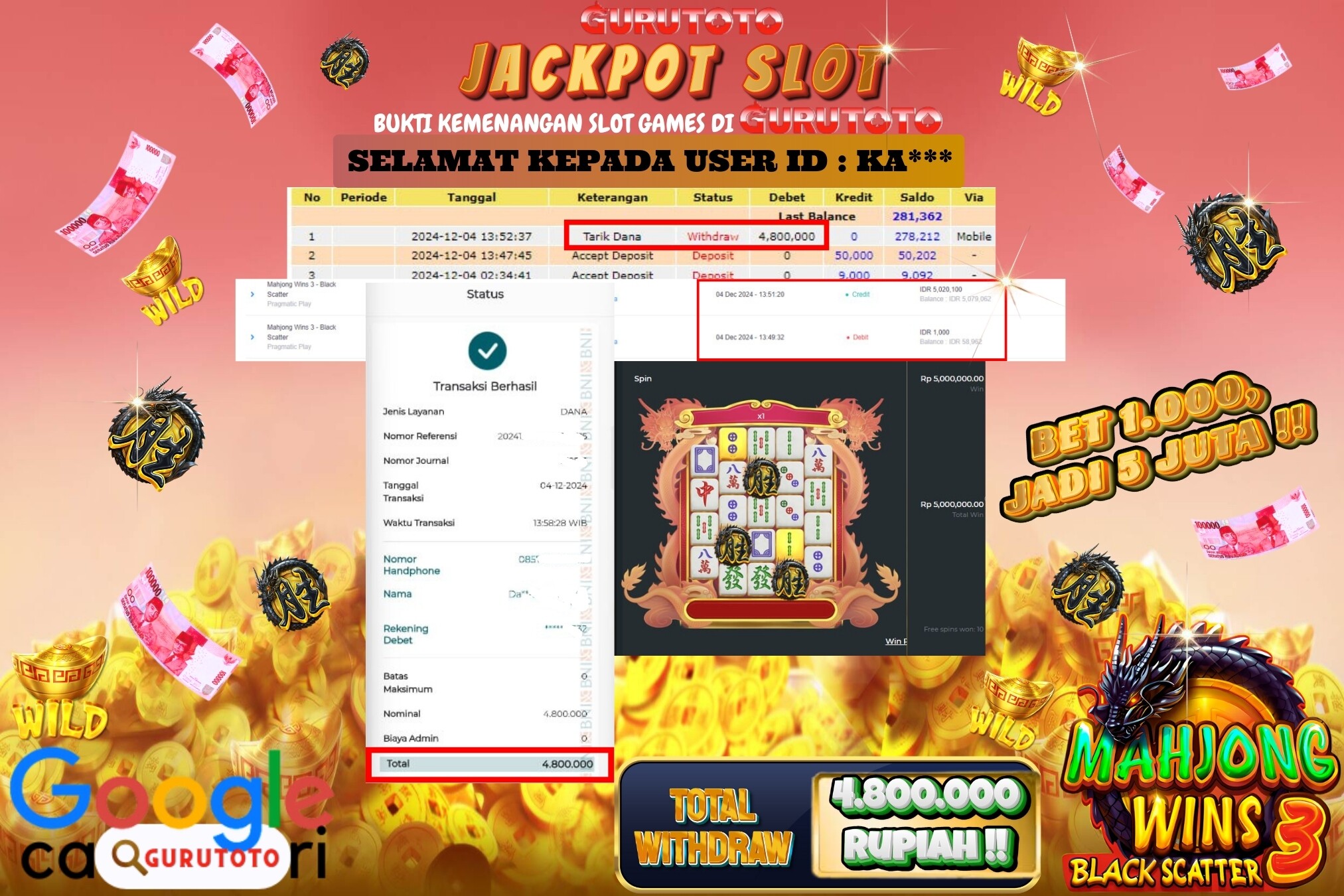 Jackpot Slot Mahjong Wins 3 di Gurutoto sebesar Rp.4.800.000,- dibayar lunas.