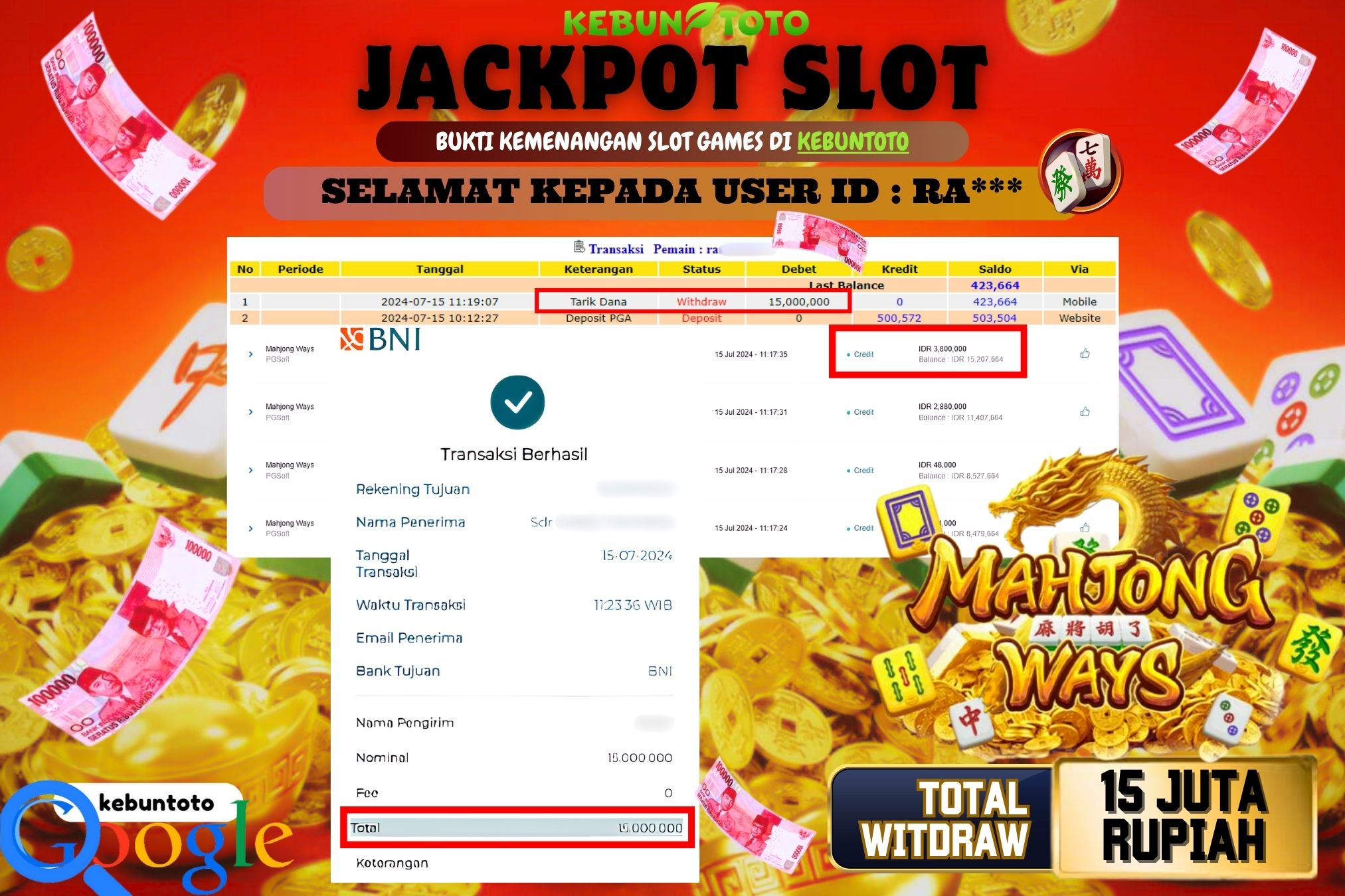 KEBUNTOTO JACKPOT SLOT MAHJONG WAYS Rp.15.000.000,- LUNAS