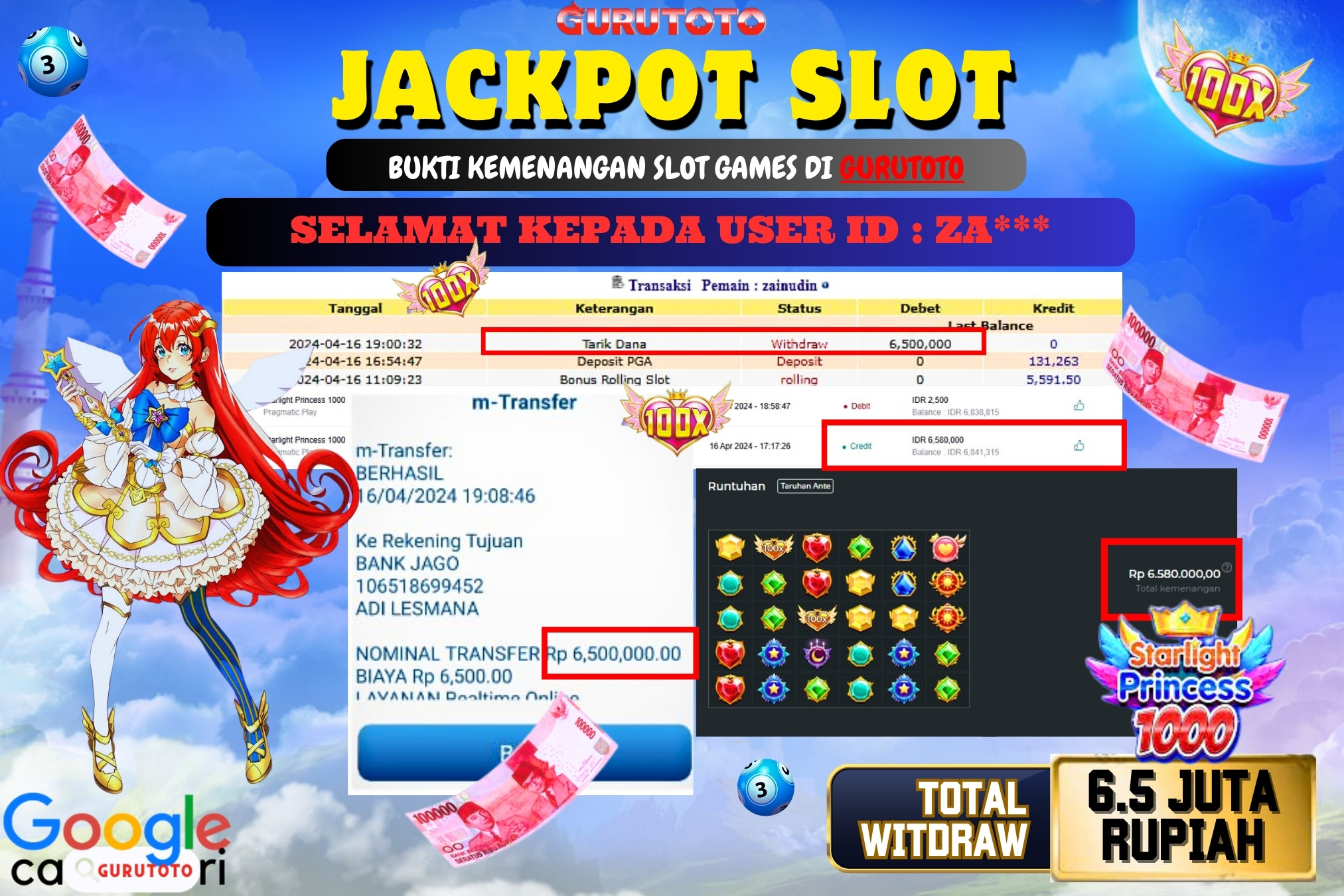 Jackpot Slot STARLIGHT PRINCESS 1000 di Gurutoto sebesar Rp.6.500.000 dibayar lunas.