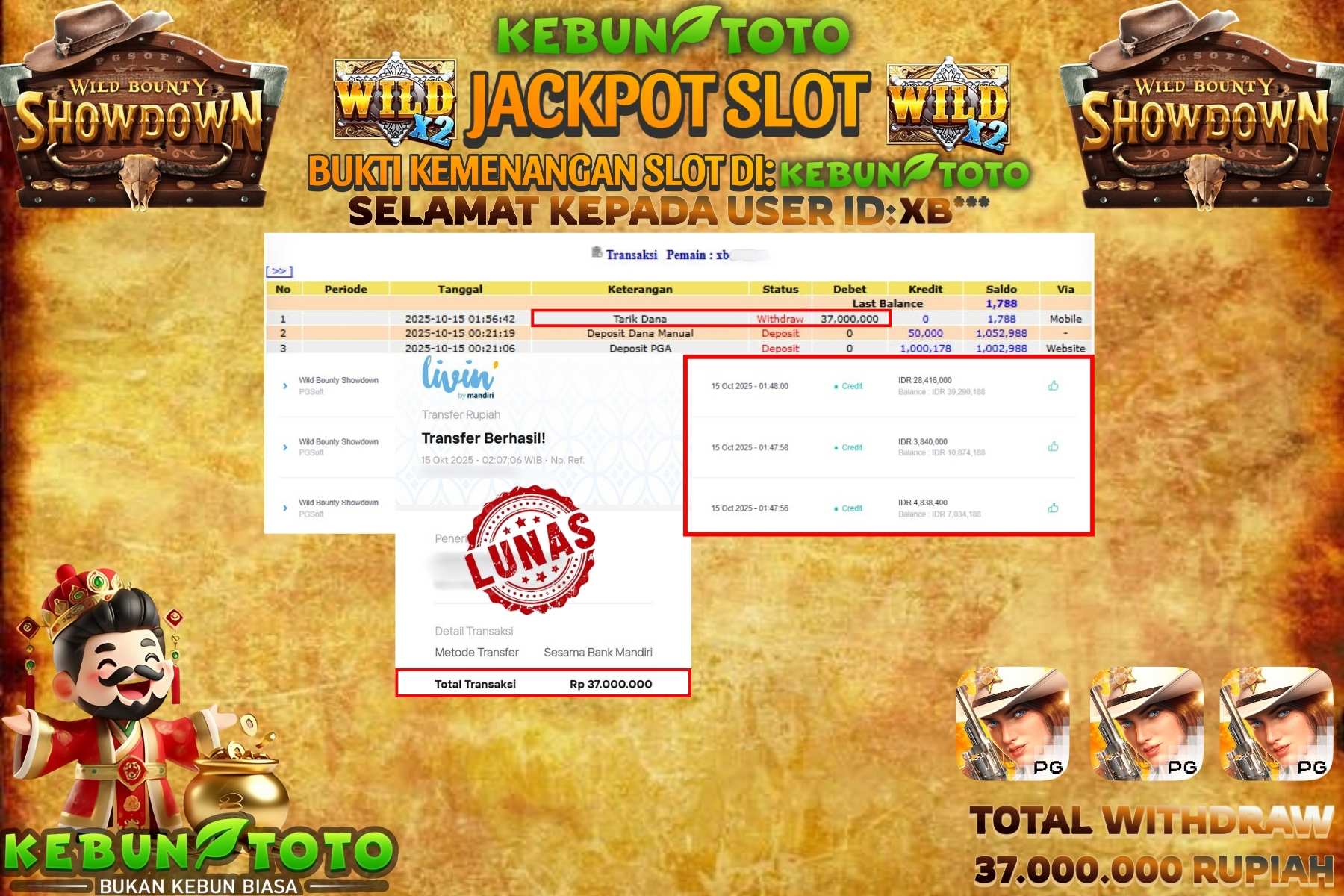 Bukti Kemenangan Rp 37.000.000 SLOT WILD BOUNTY SHOWDOWN di KEBUNTOTO!
