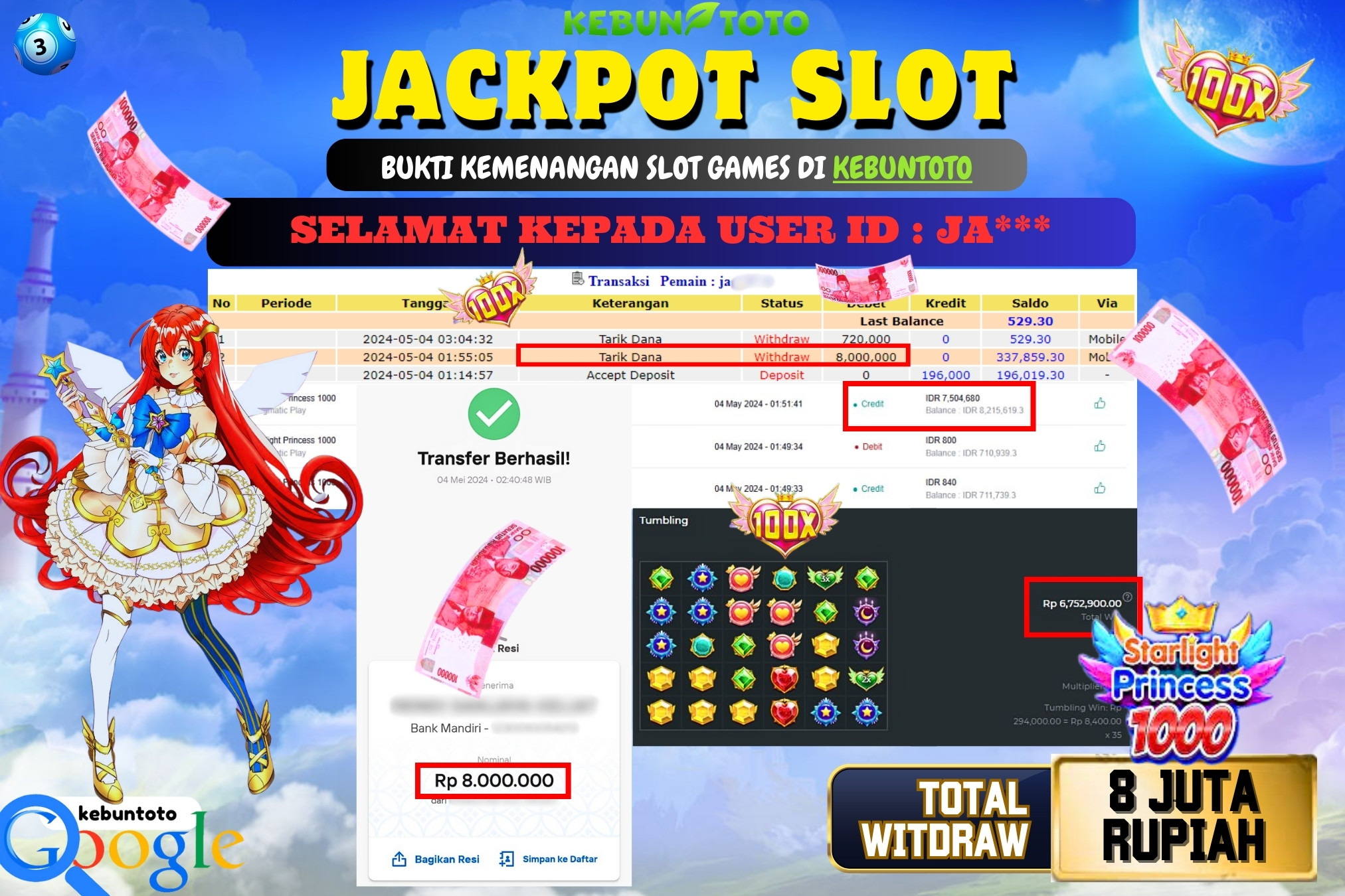 KEBUNTOTO JACKPOT SLOT STARLIGHT PRINCESS 1000 Rp.8.000.000,- LUNAS