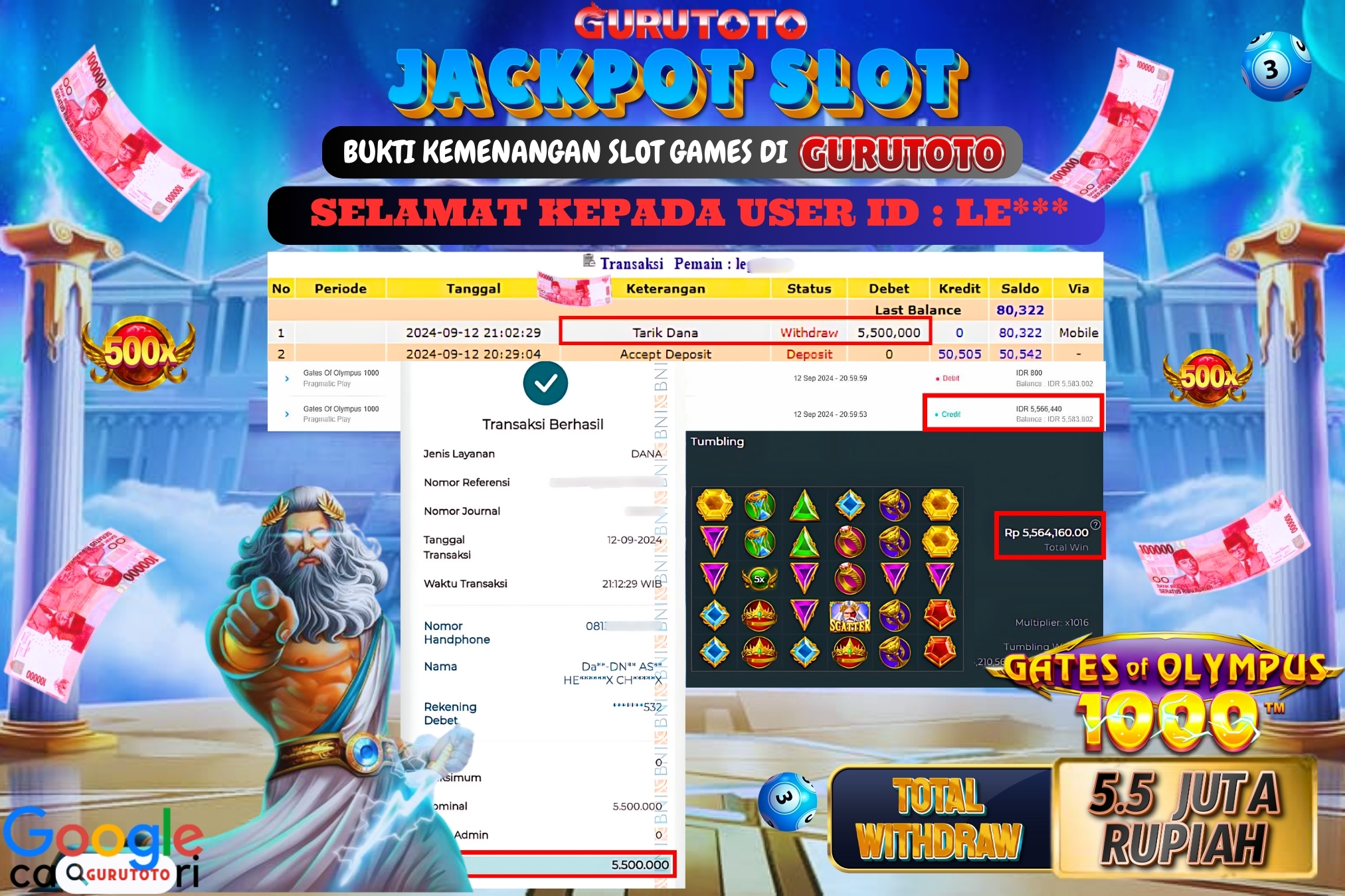 Jackpot Slot Gates of Olympus 1000 di Gurutoto sebesar Rp.5.500.000 dibayar lunas.