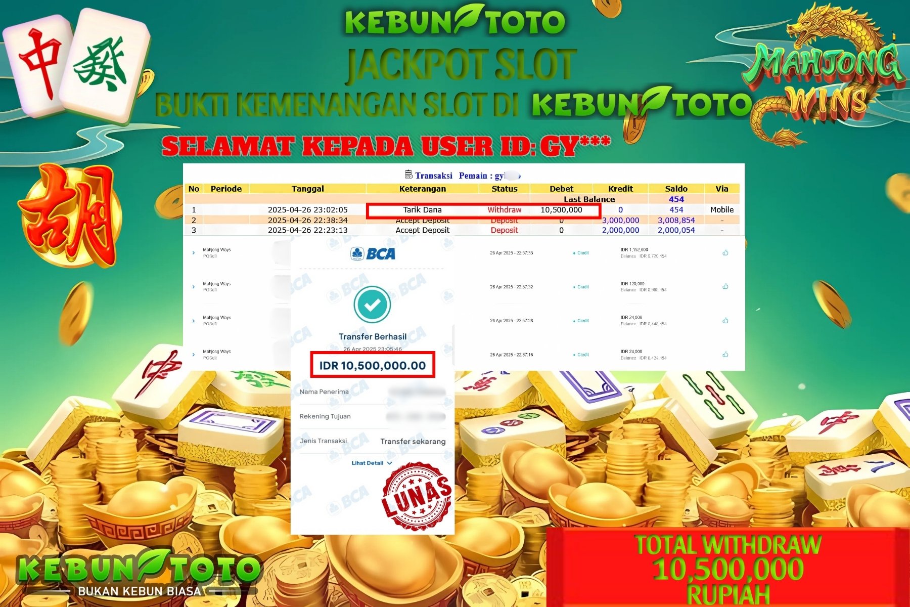 KEBUNTOTO JACKPOT SLOT MAHJONG WAYS Rp 10.500.000 ,- LUNAS