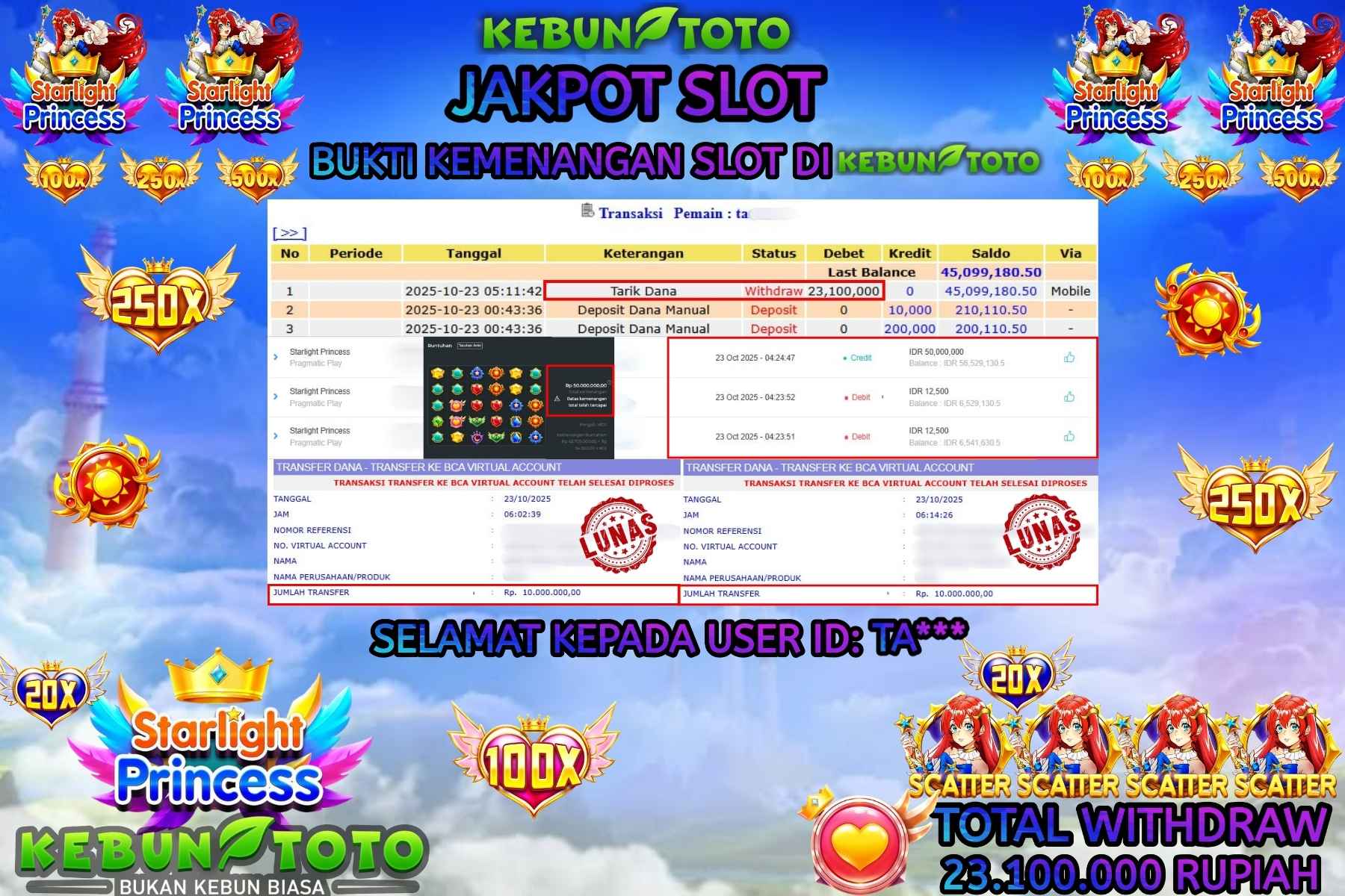 Bukti Kemenangan Rp 23.100.000 SLOT STARLIGHT PRINCESS di KEBUNTOTO!