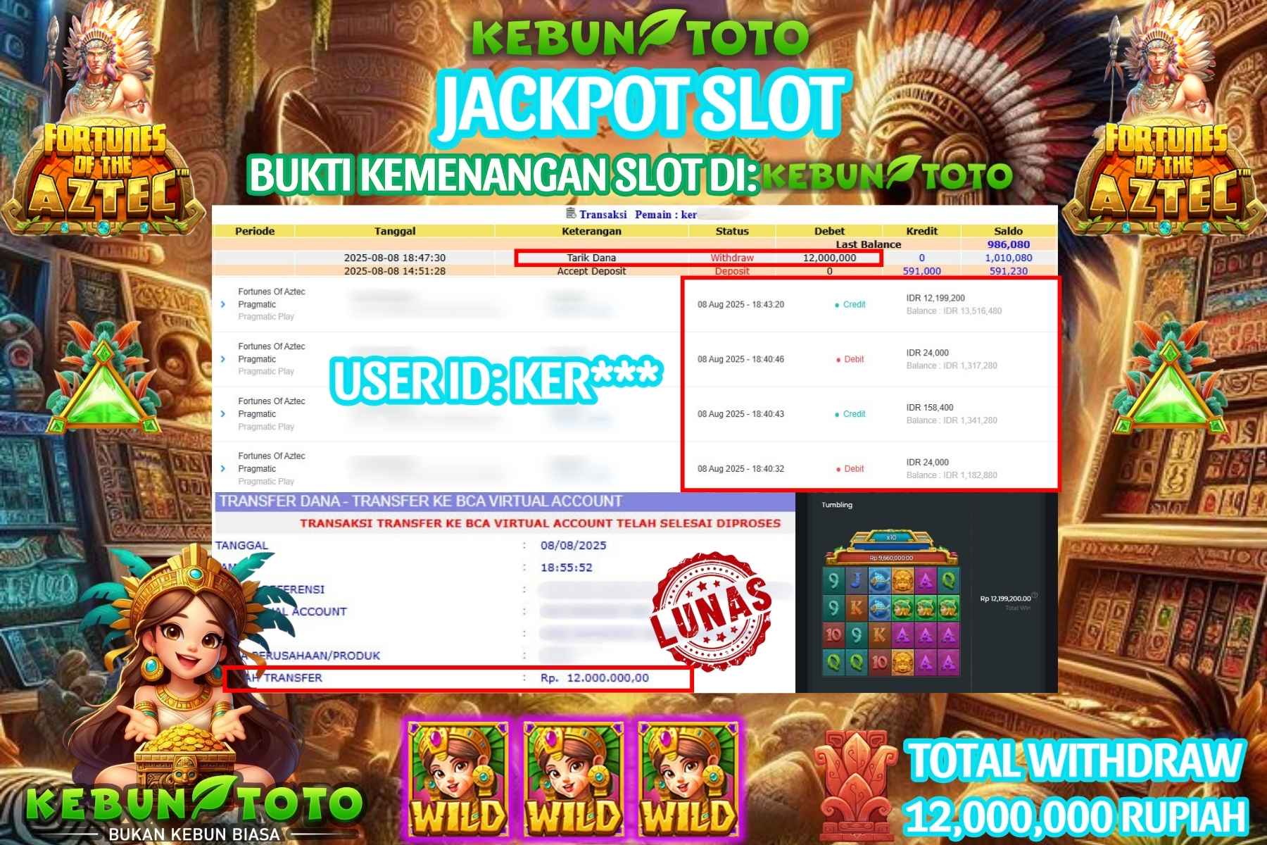 Bukti Kemenangan Rp 12.000.000 SLOT FORTUNES OF AZTEC PRAGMATIC di KEBUNTOTO!