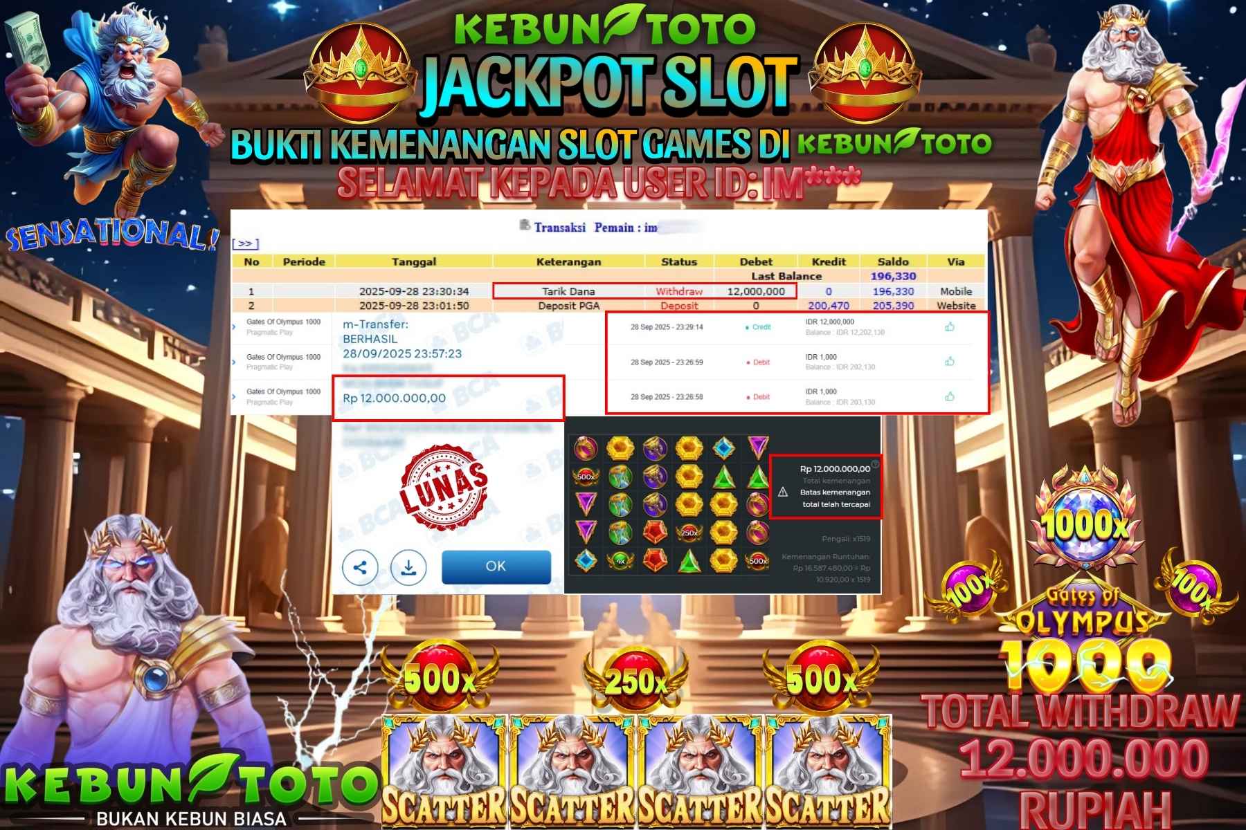 Bukti Kemenangan Rp 12.000.000 SLOT GATES OF OLYMPUS 1000 di KEBUNTOTO!