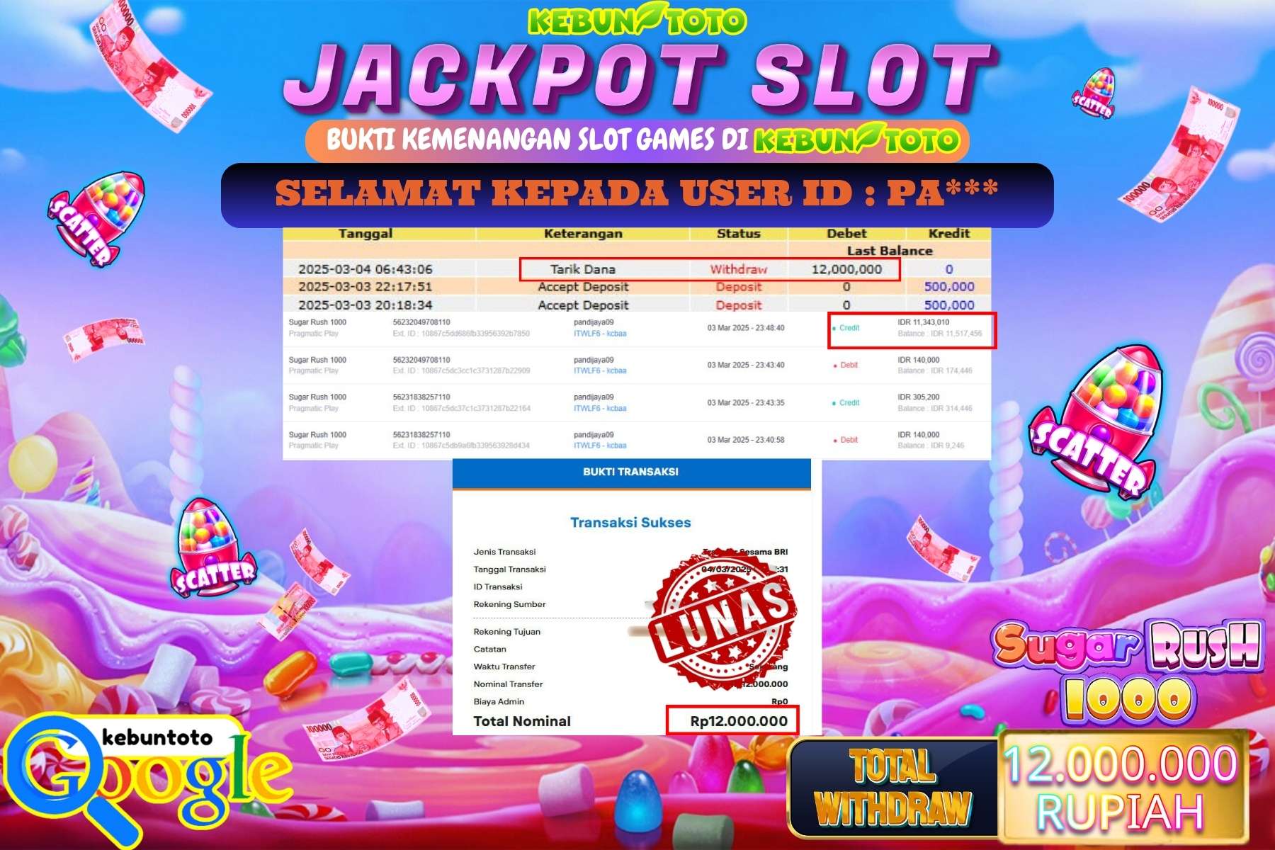KEBUNTOTO JACKPOT, SLOT SUGAR RUSH 1000 Sebesar Rp 12.000.000,- LUNAS
