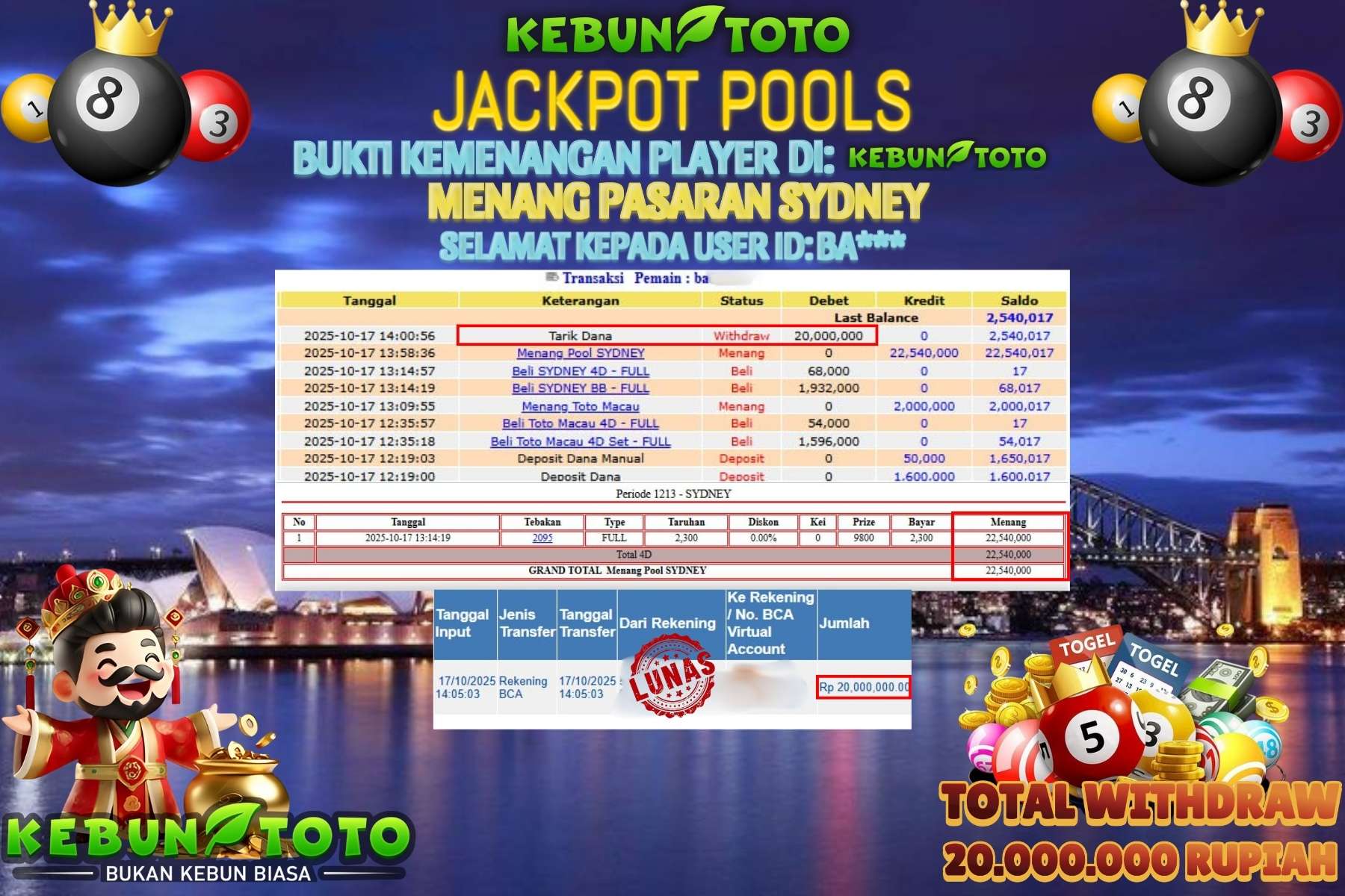 Bukti Kemenangan Rp 20.000.000 TOGEL SYDNEY di KEBUNTOTO!