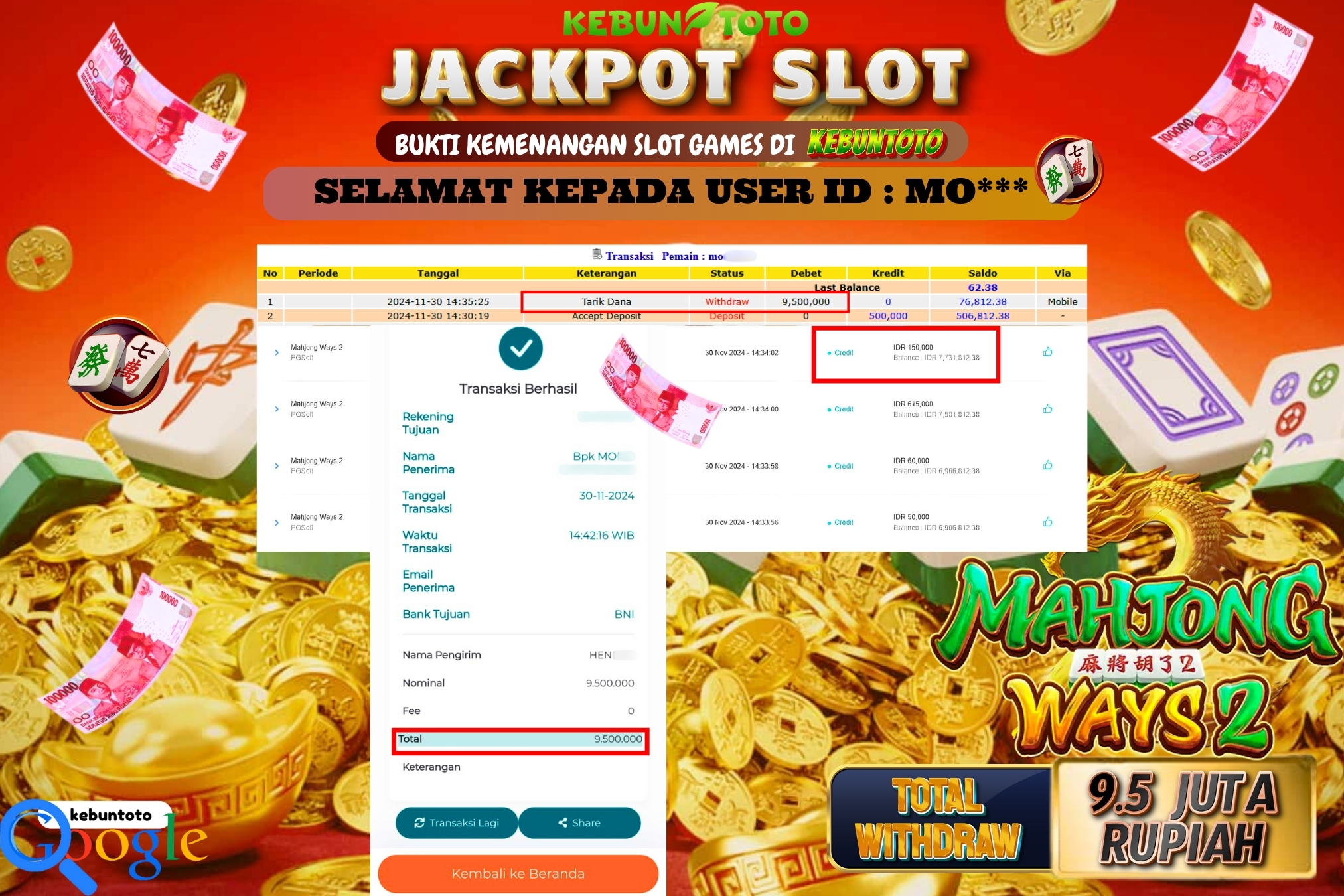 KEBUNTOTO JACKPOT SLOT MAHJONG WAYS 2 Rp.9.500.000,- LUNAS