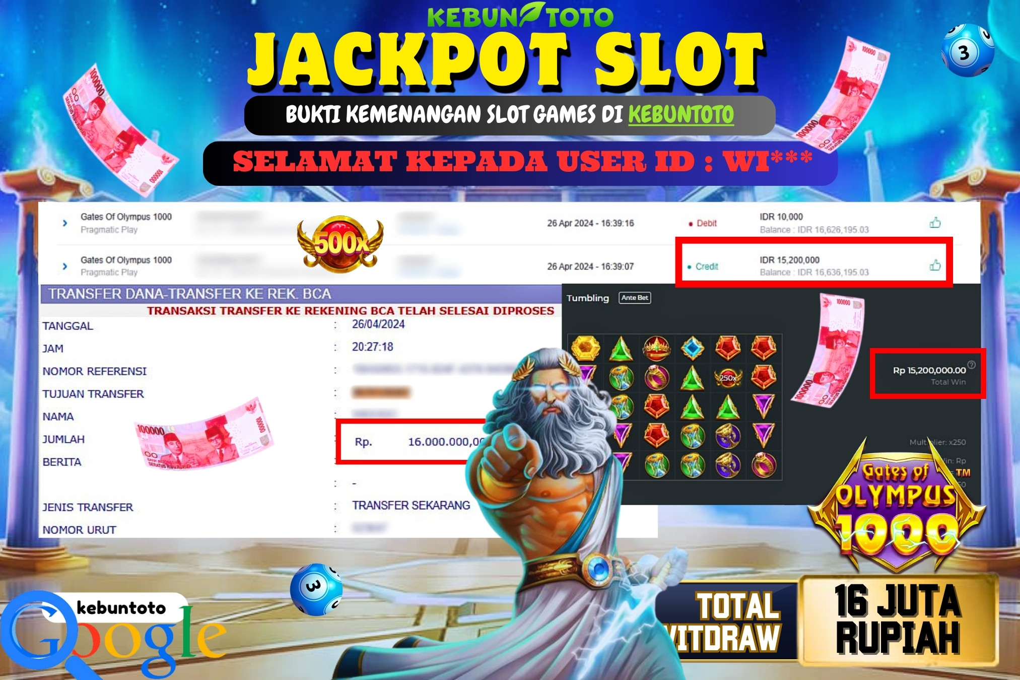 KEBUNTOTO JACKPOT SLOT GATES OF OLYMPUS 1000 Rp.16.000.000,- LUNAS