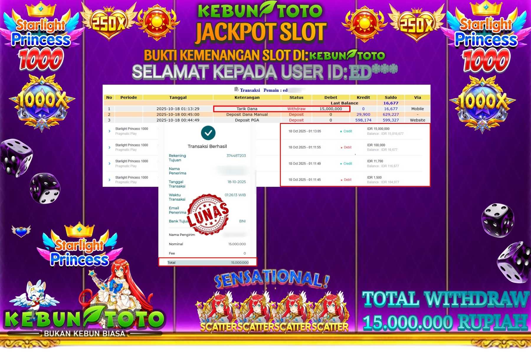 Bukti Kemenangan Rp 15.000.000 SLOT STARLIGHT PRINCESS 1000 di KEBUNTOTO!