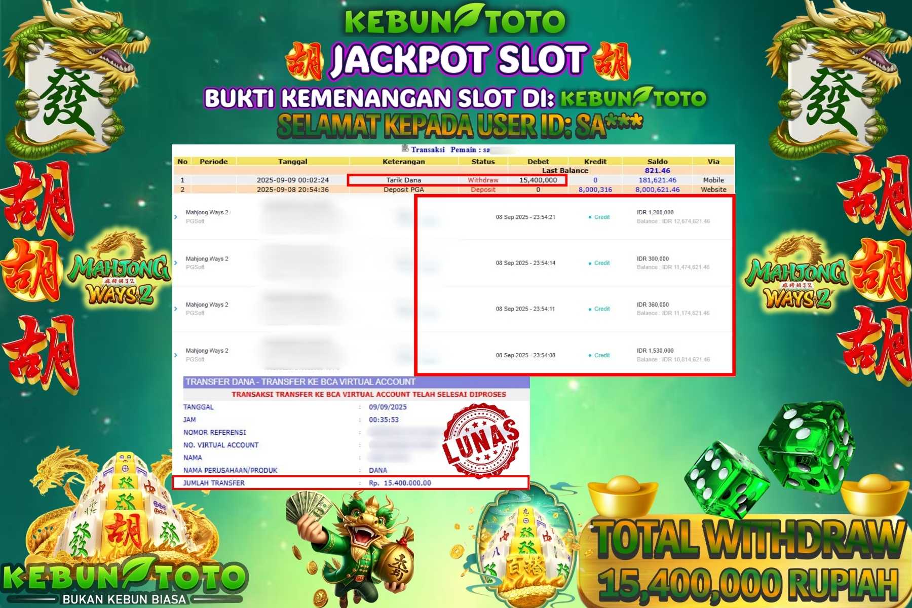 Bukti Kemenangan Rp15.400.000 SLOT MAHJONG WAYS 2 di KEBUNTOTO!