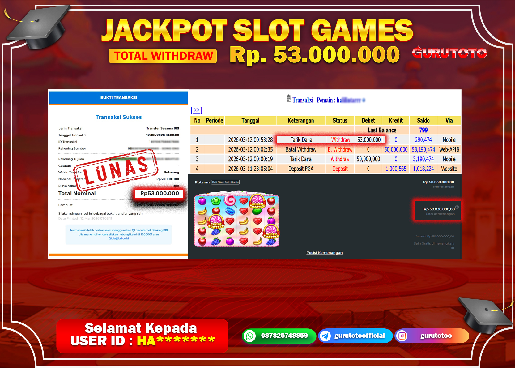 Bukti Kemenangan Rp 53.000.000 SWEET BONANZA SUPER SCATTER di GURUTOTO !