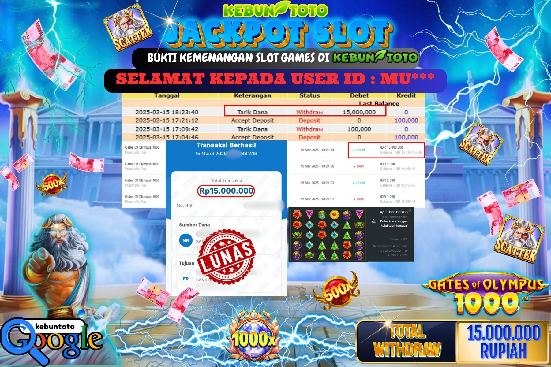 KEBUNTOTO JACKPOT, SLOT GATES OF OLYMPUS 1000 Sebesar Rp 15.000.000,- LUNAS