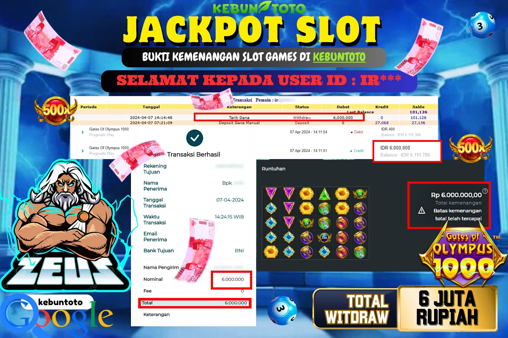 KEBUNTOTO JACKPOT SLOT GATES OF OLYMPUS 1000 Rp.6.000.000,- LUNAS