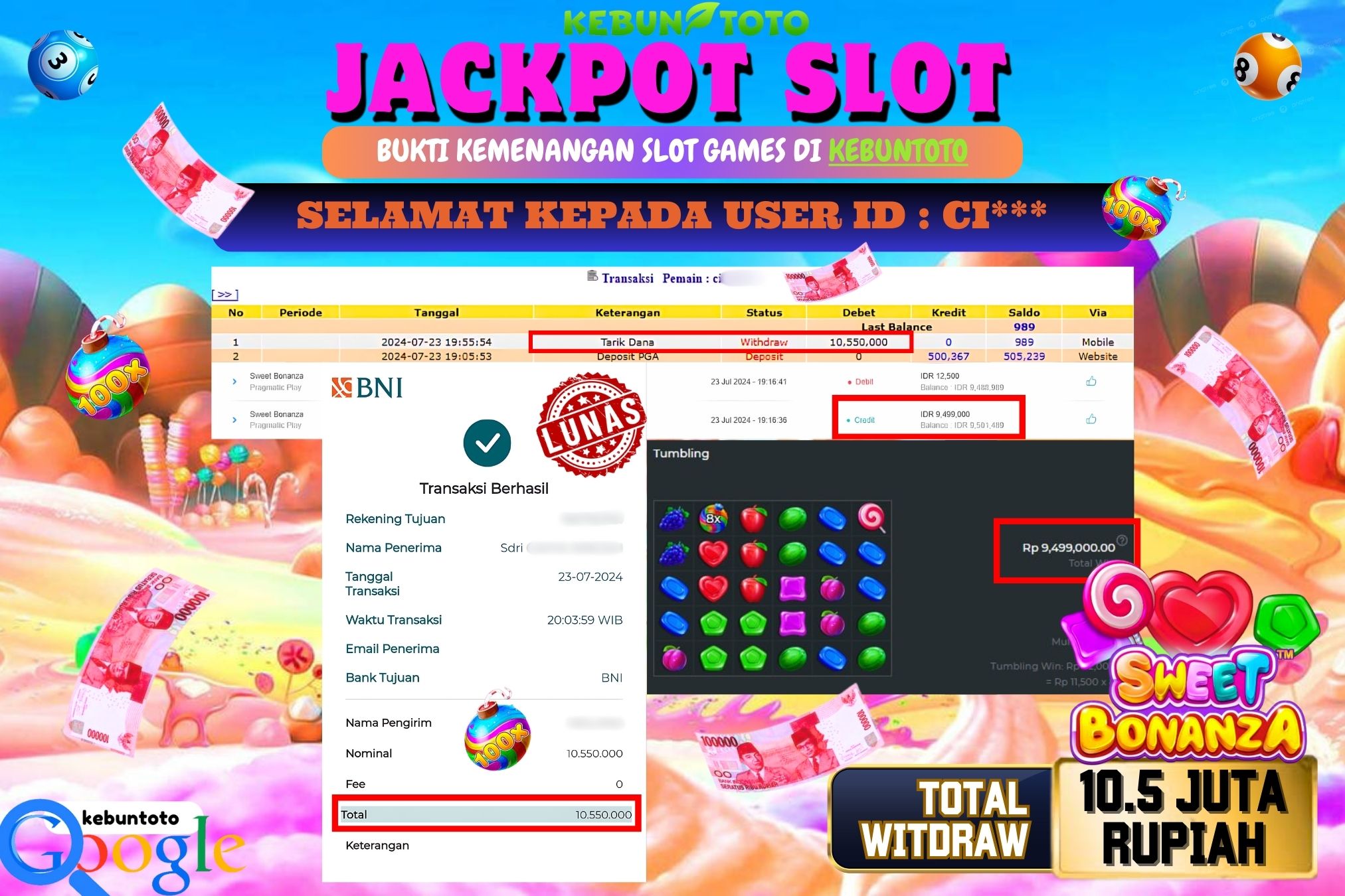 KEBUNTOTO JACKPOT SLOT SWEET BONANZA Rp.10.550.000,- LUNAS