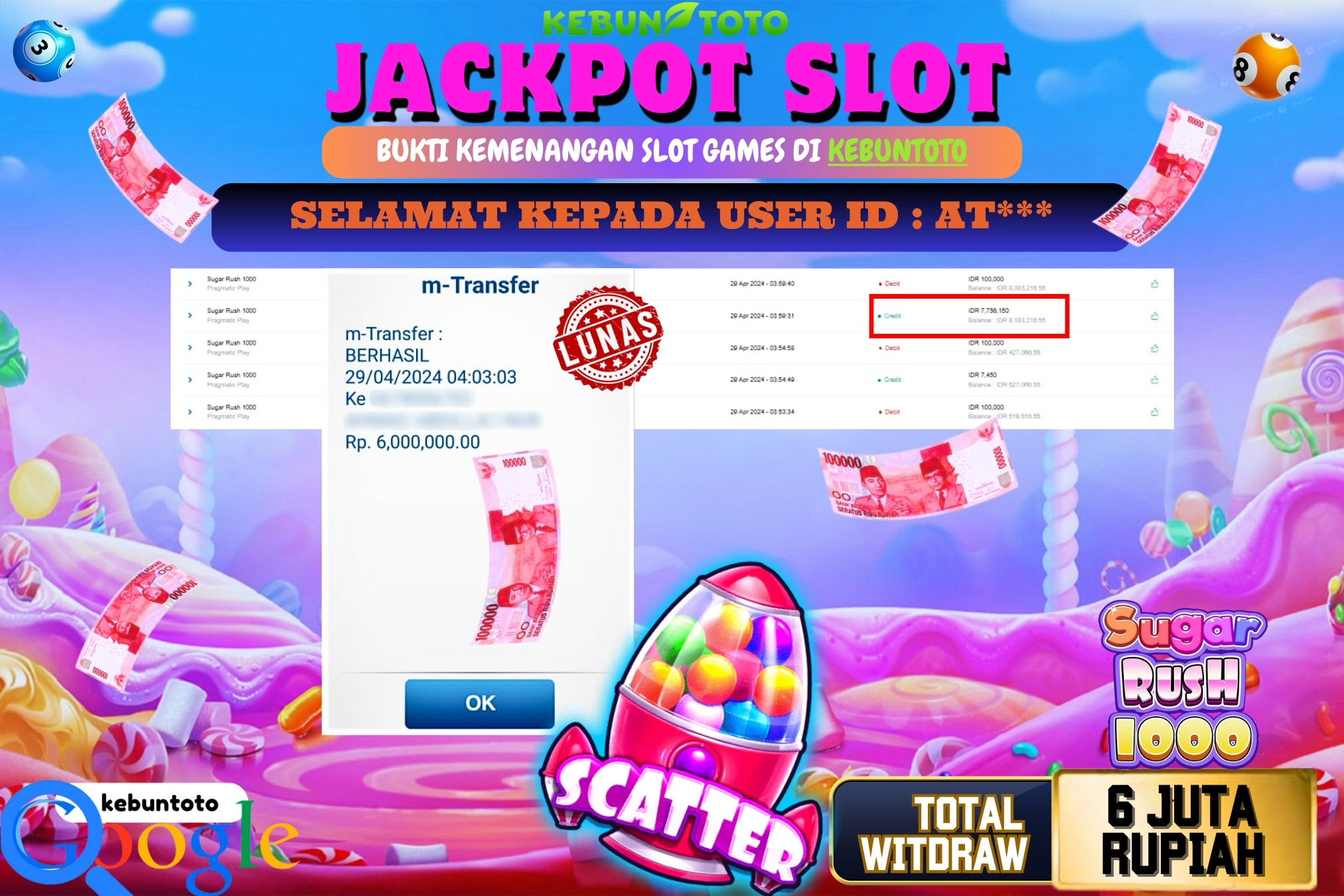 KEBUNTOTO JACKPOT SLOT SUGAR RUSH 1000 Rp.6.000.000,- LUNAS