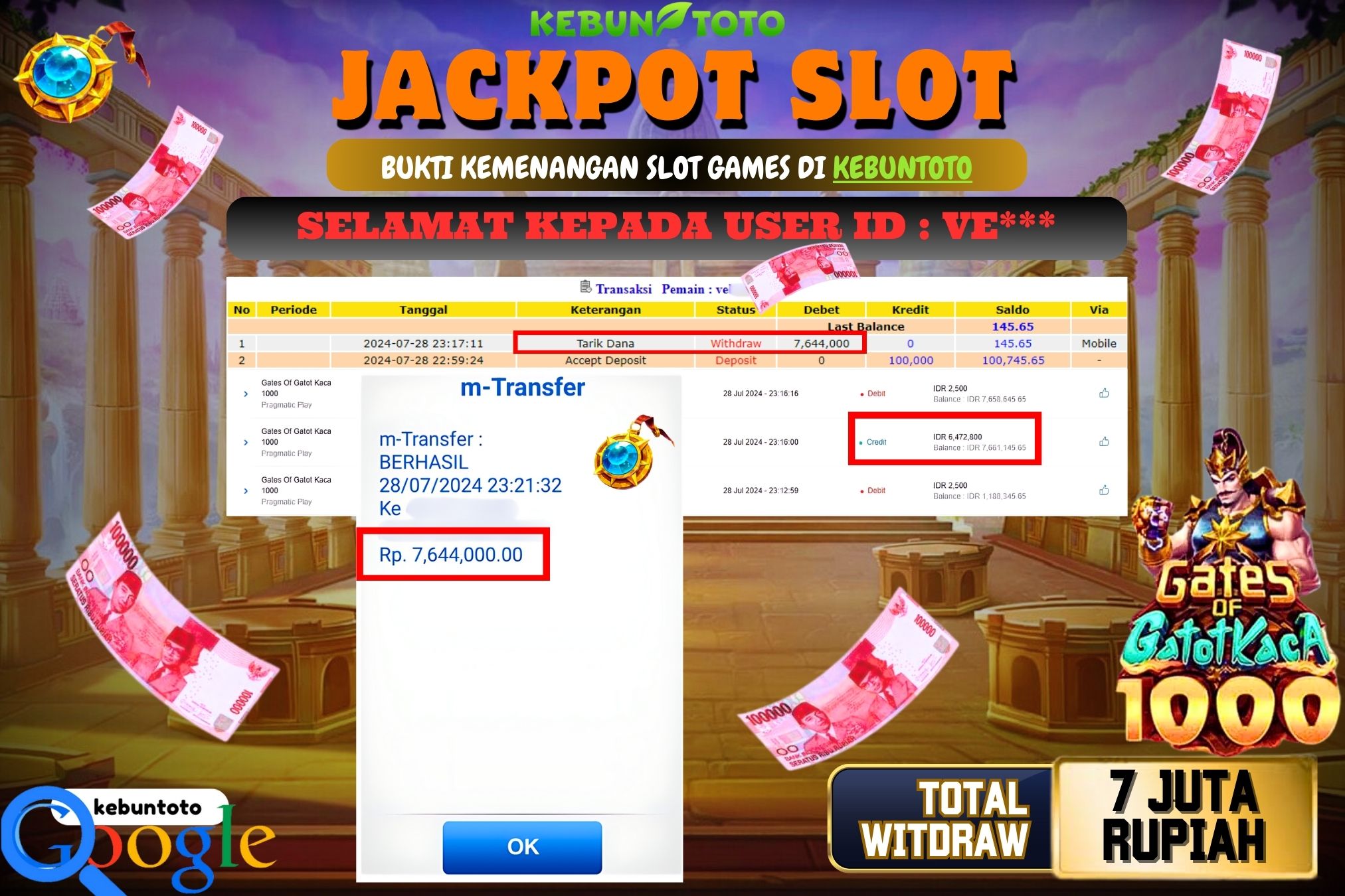 KEBUNTOTO JACKPOT SLOT GATES OF GATOTKACA 1000 Rp.7.000.000,- LUNAS