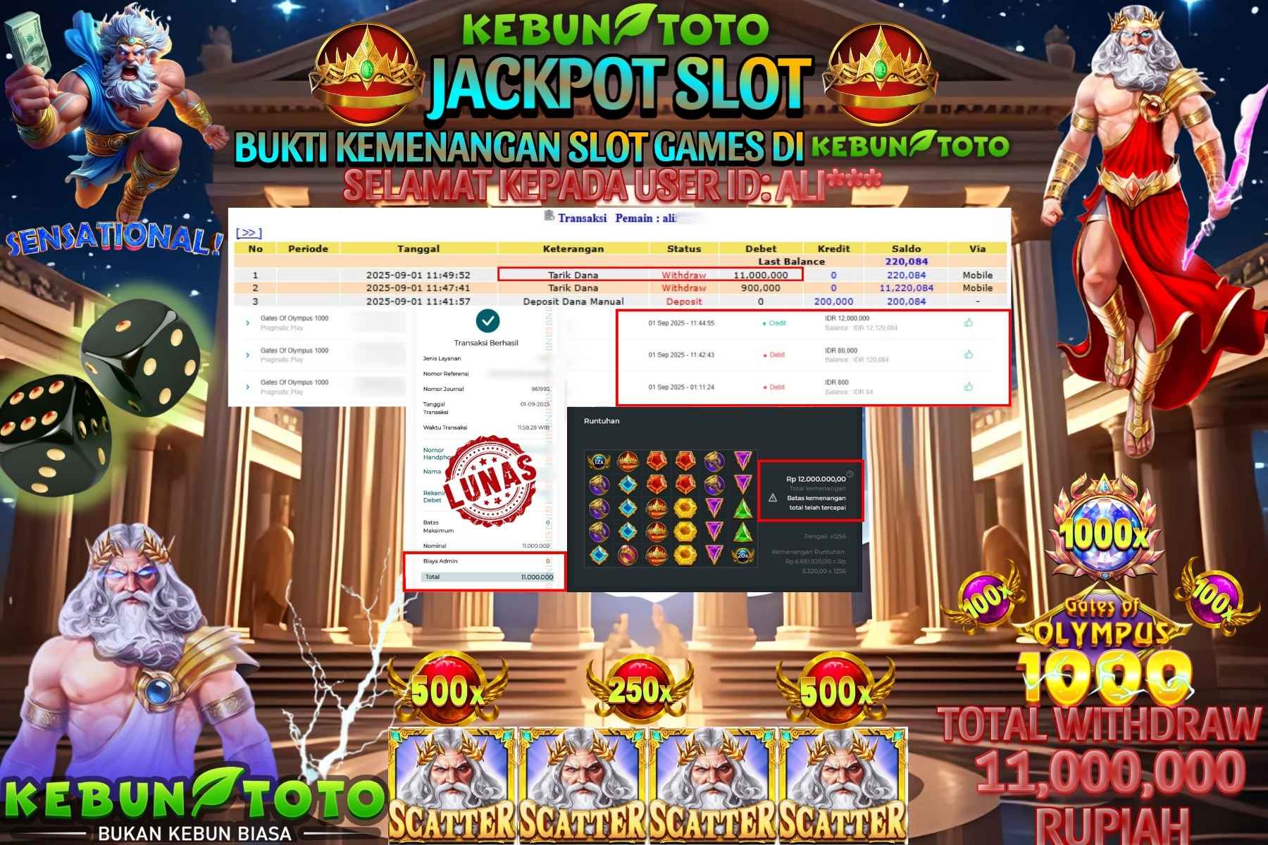 Bukti Kemenangan Rp 11.000.000 SLOT GATES OF OLYMPUS 1000 di KEBUNTOTO!