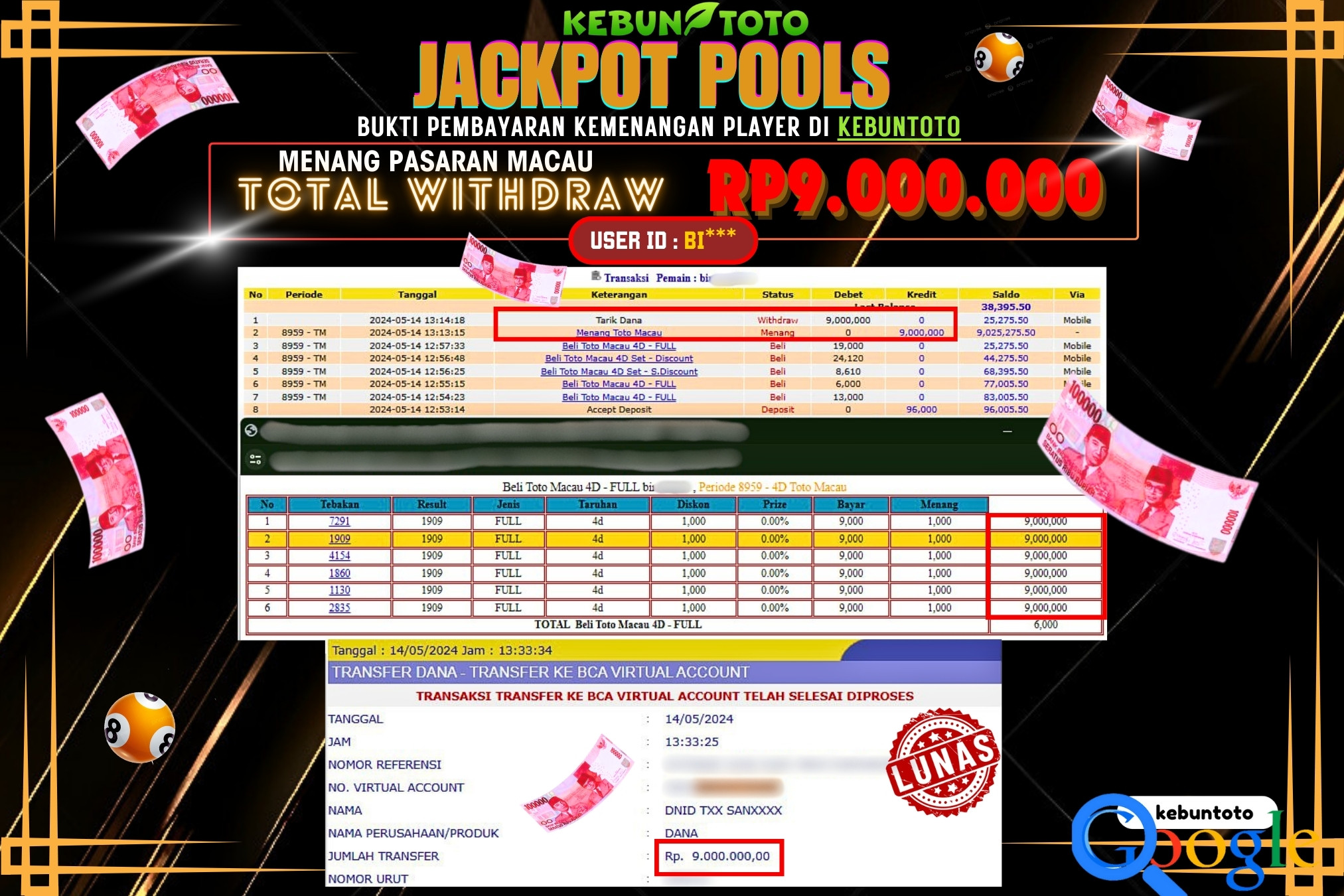 KEBUNTOTO JACKPOT TOGEL PASARAN MACAU Rp.9.000.000,- LUNAS