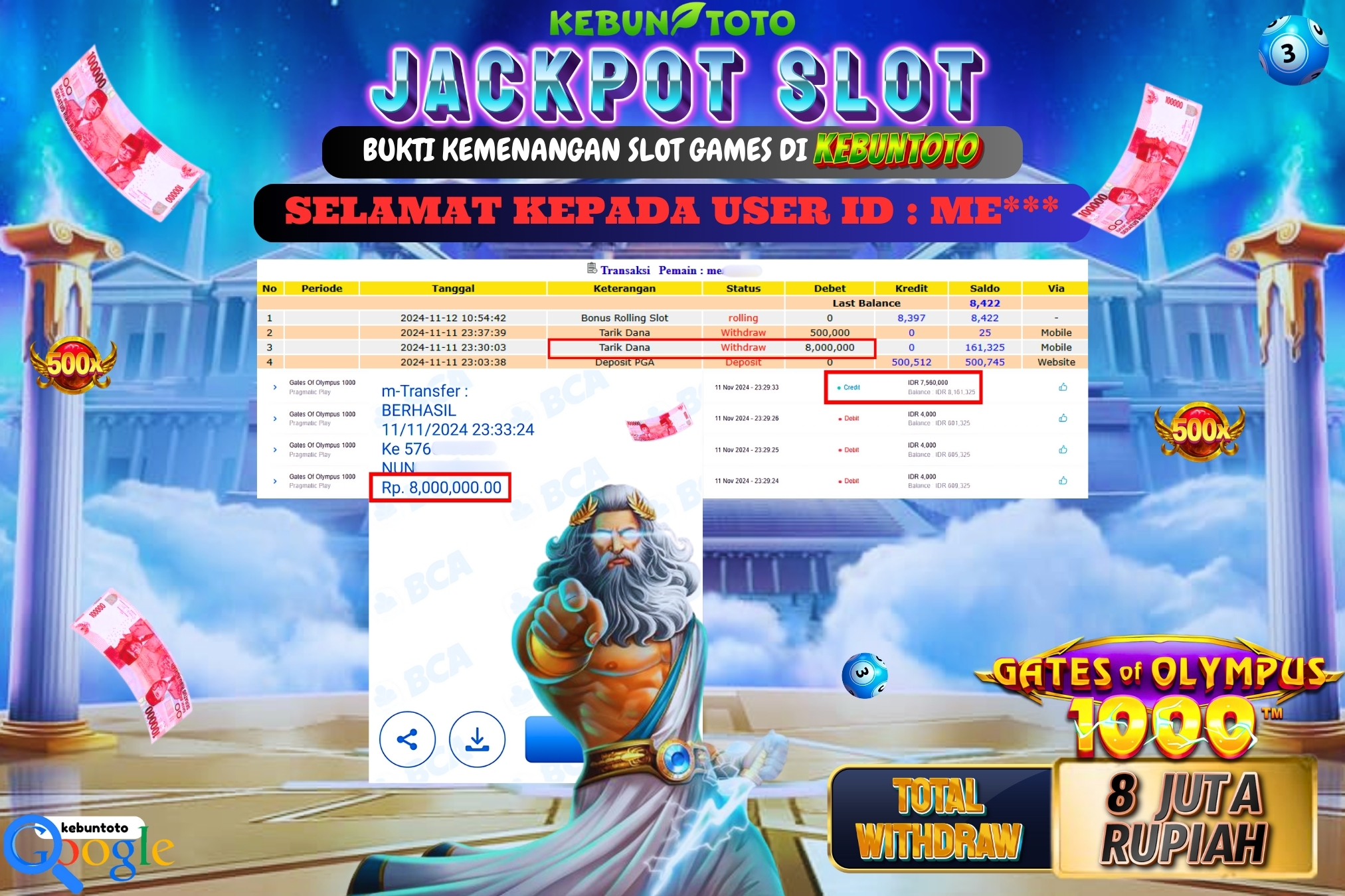 KEBUNTOTO JACKPOT SLOT GATES OF OLYMPUS 1000 Rp.8.000.000,- LUNAS